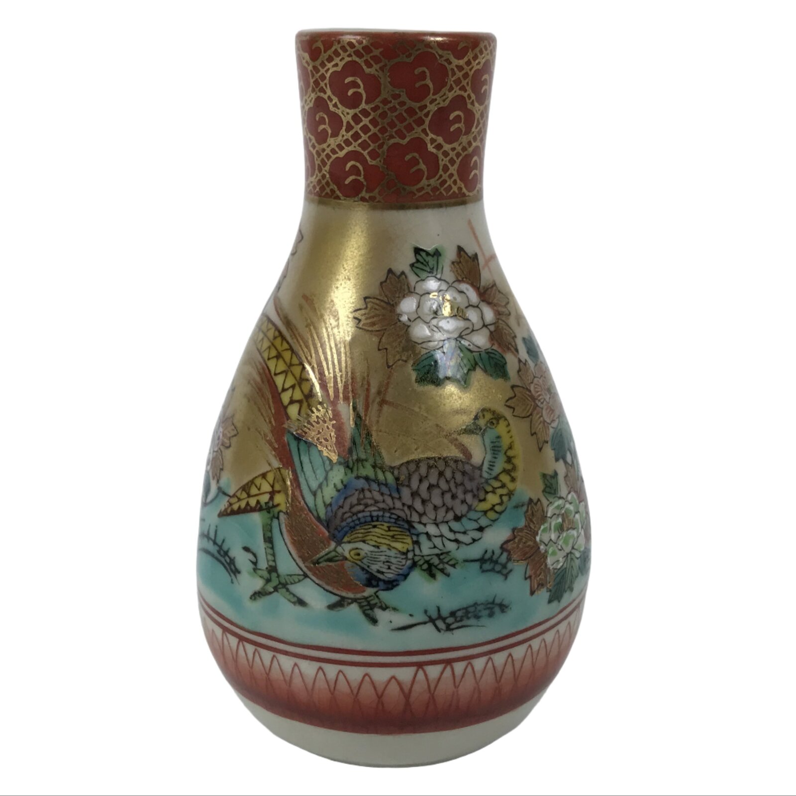 Japanese Kutani Porcelain Sake Bottle Tokkuri White Red Gold Pheasant Bird TS888