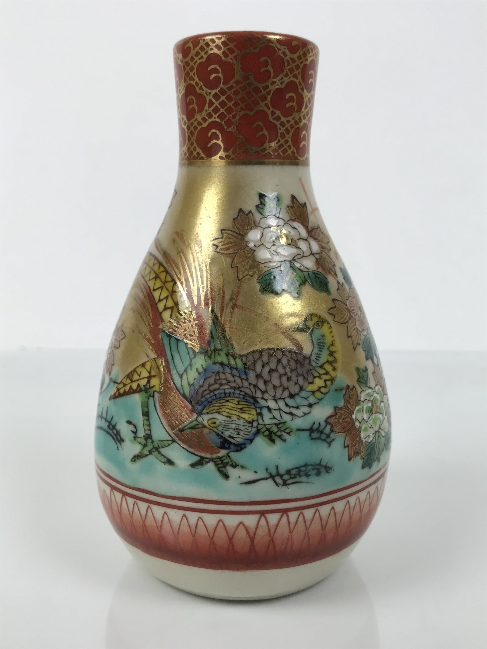 Japanese Kutani Porcelain Sake Bottle Tokkuri White Red Gold Pheasant Bird TS888