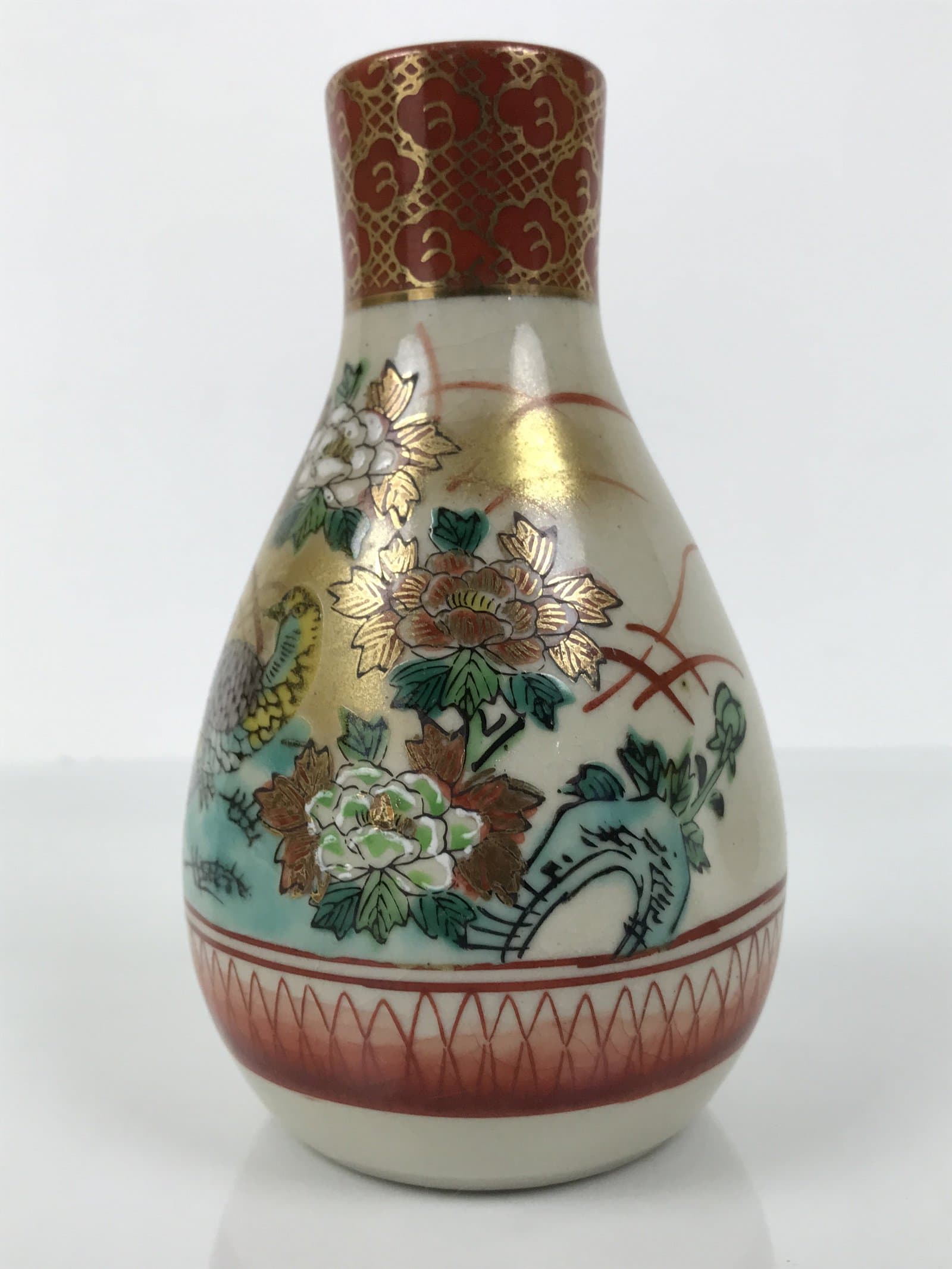 Japanese Kutani Porcelain Sake Bottle Tokkuri White Red Gold Pheasant Bird TS888