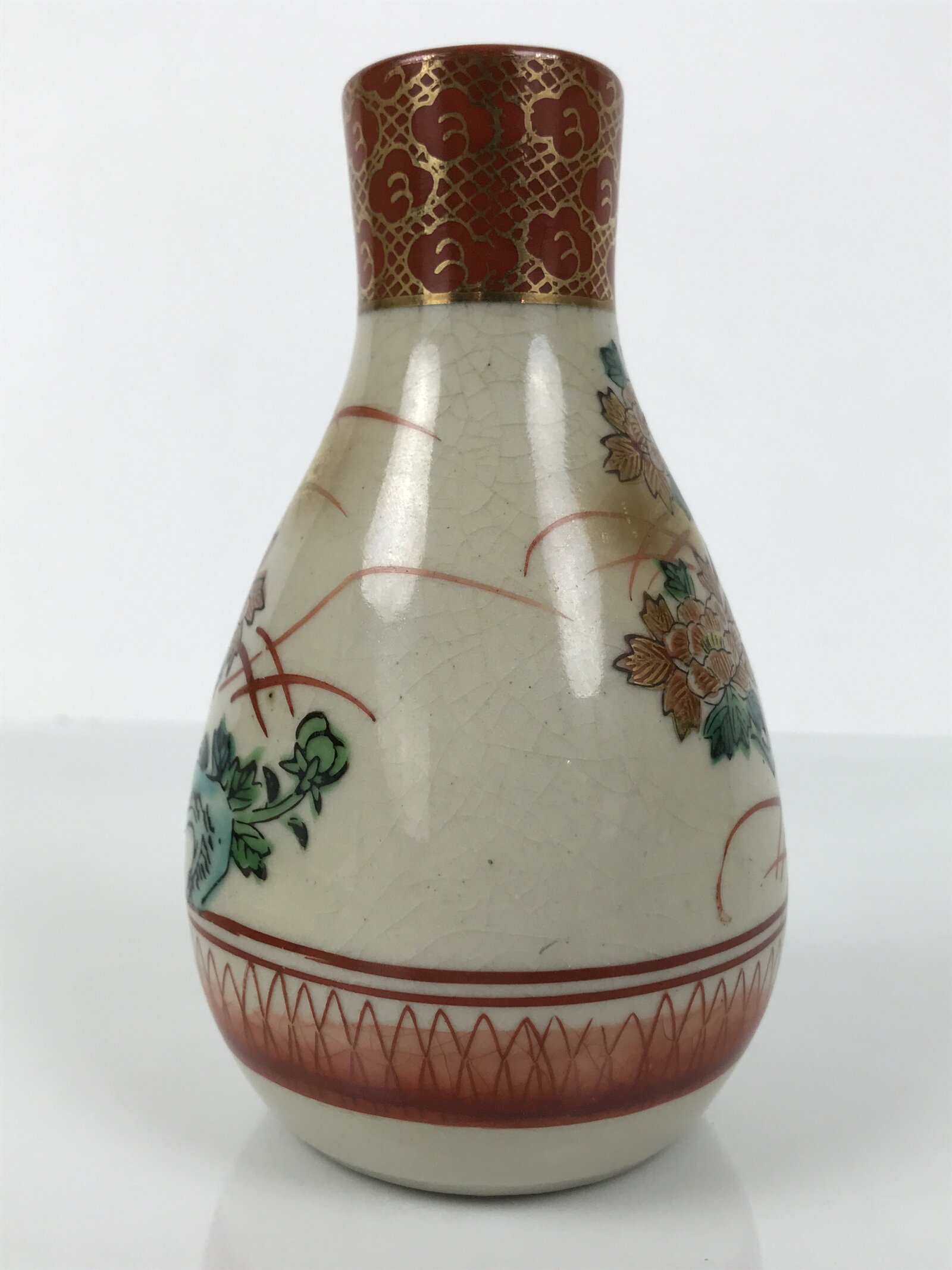 Japanese Kutani Porcelain Sake Bottle Tokkuri White Red Gold Pheasant Bird TS888