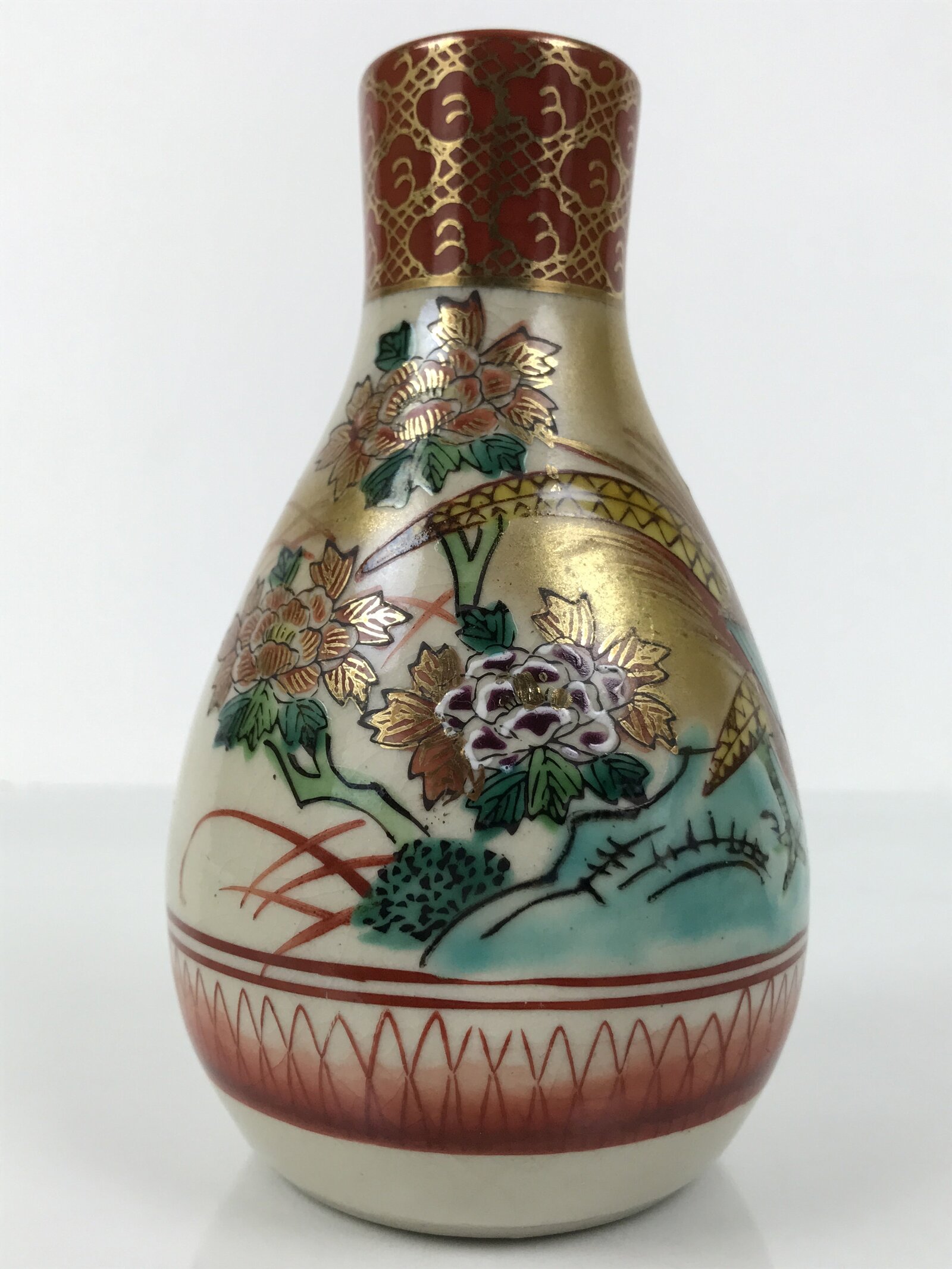 Japanese Kutani Porcelain Sake Bottle Tokkuri White Red Gold Pheasant Bird TS888