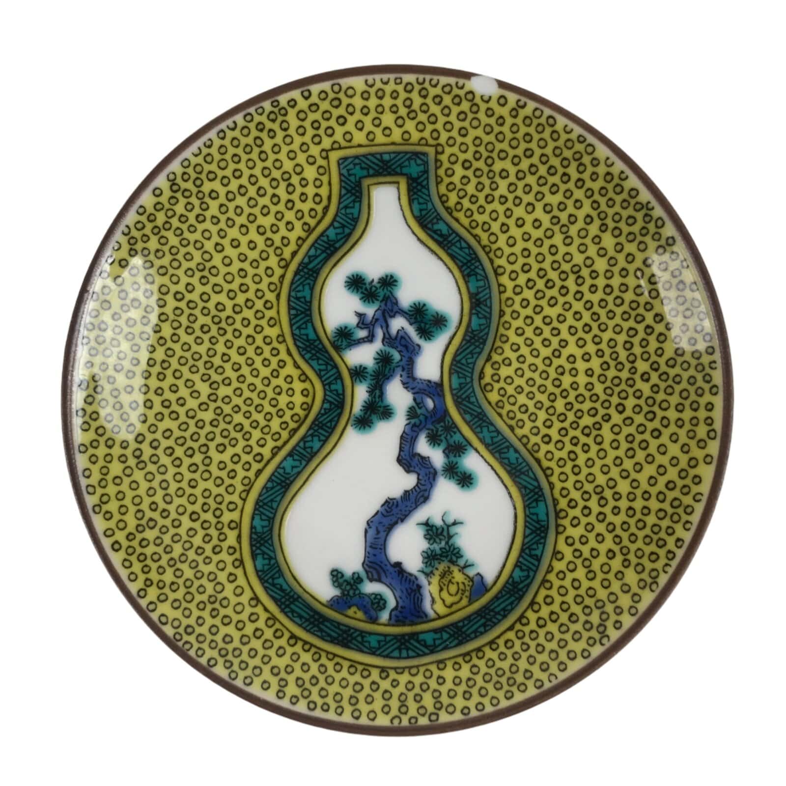 Japanese Kutani Porcelain Small Plate Mamezara Vtg Hyotan Gourd Pine Yellow Y93