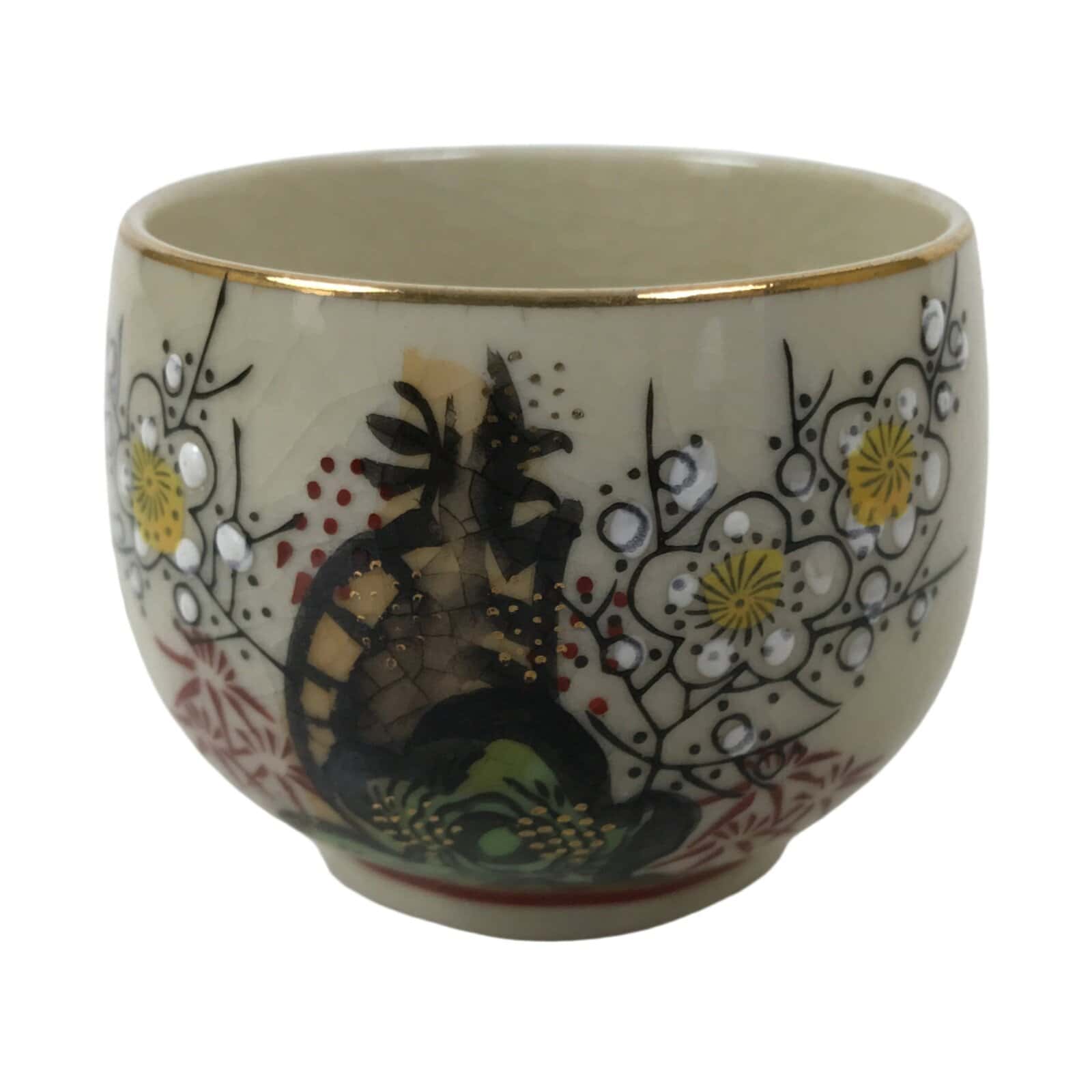 Japanese Kutani Porcelain Teacup Vtg Ducks Plum Blossom Beige Red Yunomi TC596