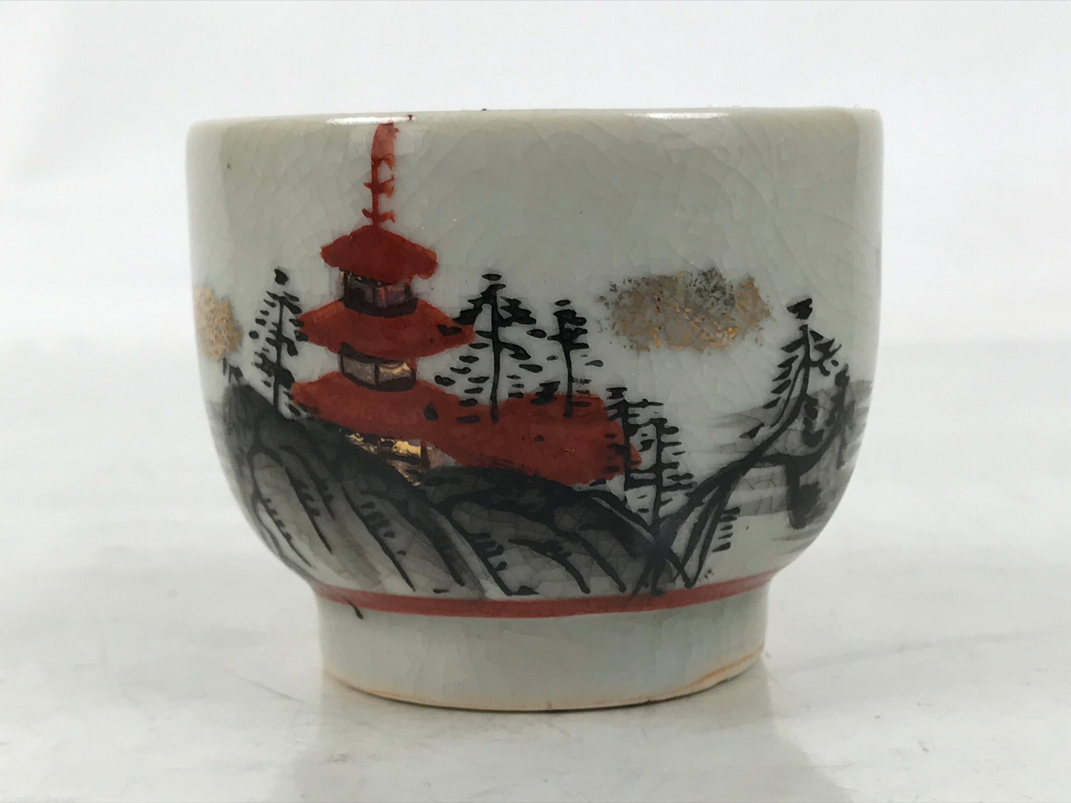 Japanese Kutani Porcelain Teacup Vtg Yunomi Pagoda Mountain Scene Sencha TC607