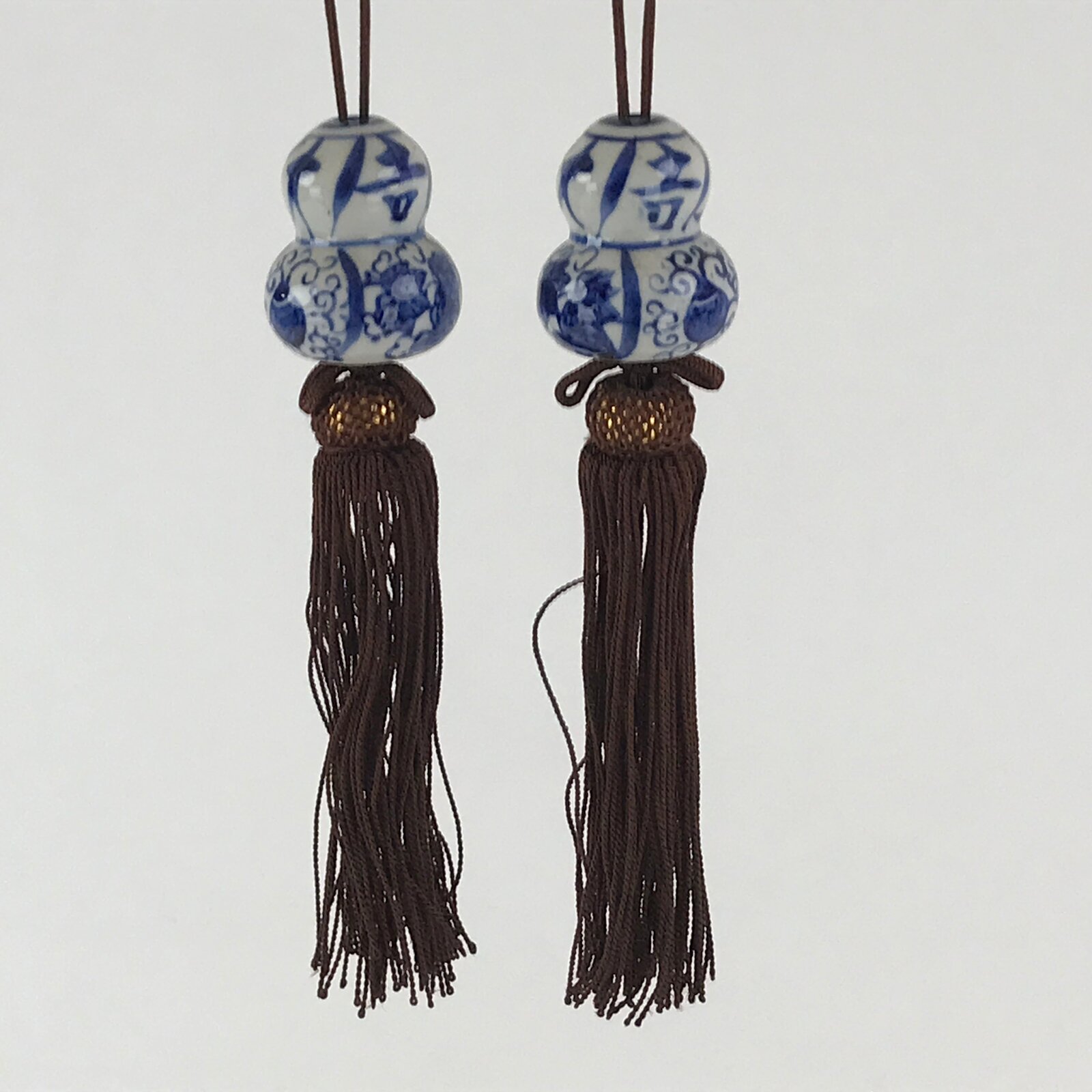 Japanese Kutani Ware Hanging Scroll Weights Vtg Fuchin Kakejiku Brown Tassel FC3