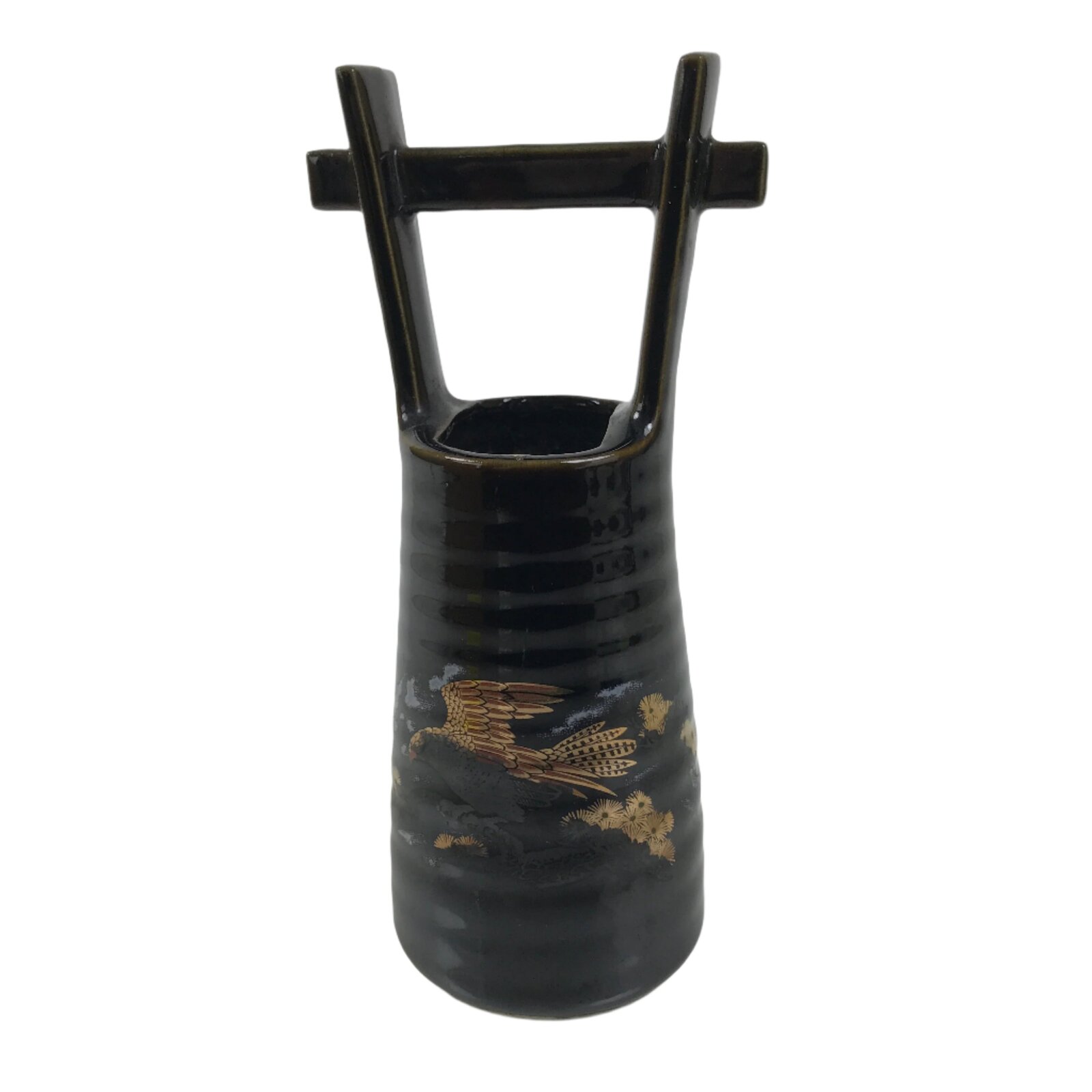 Japanese Kutani Ware Porcelain Flower Vase Ikebana Kabin Brown Hawk Pail FK180