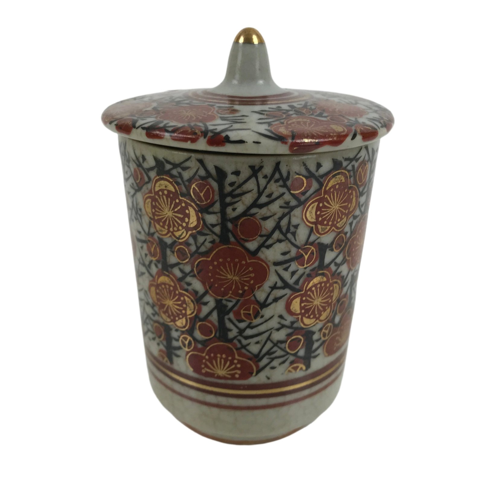Japanese Kutani Ware Porcelain Lidded Teacup Vtg Plum Blossom Red Gold TC506