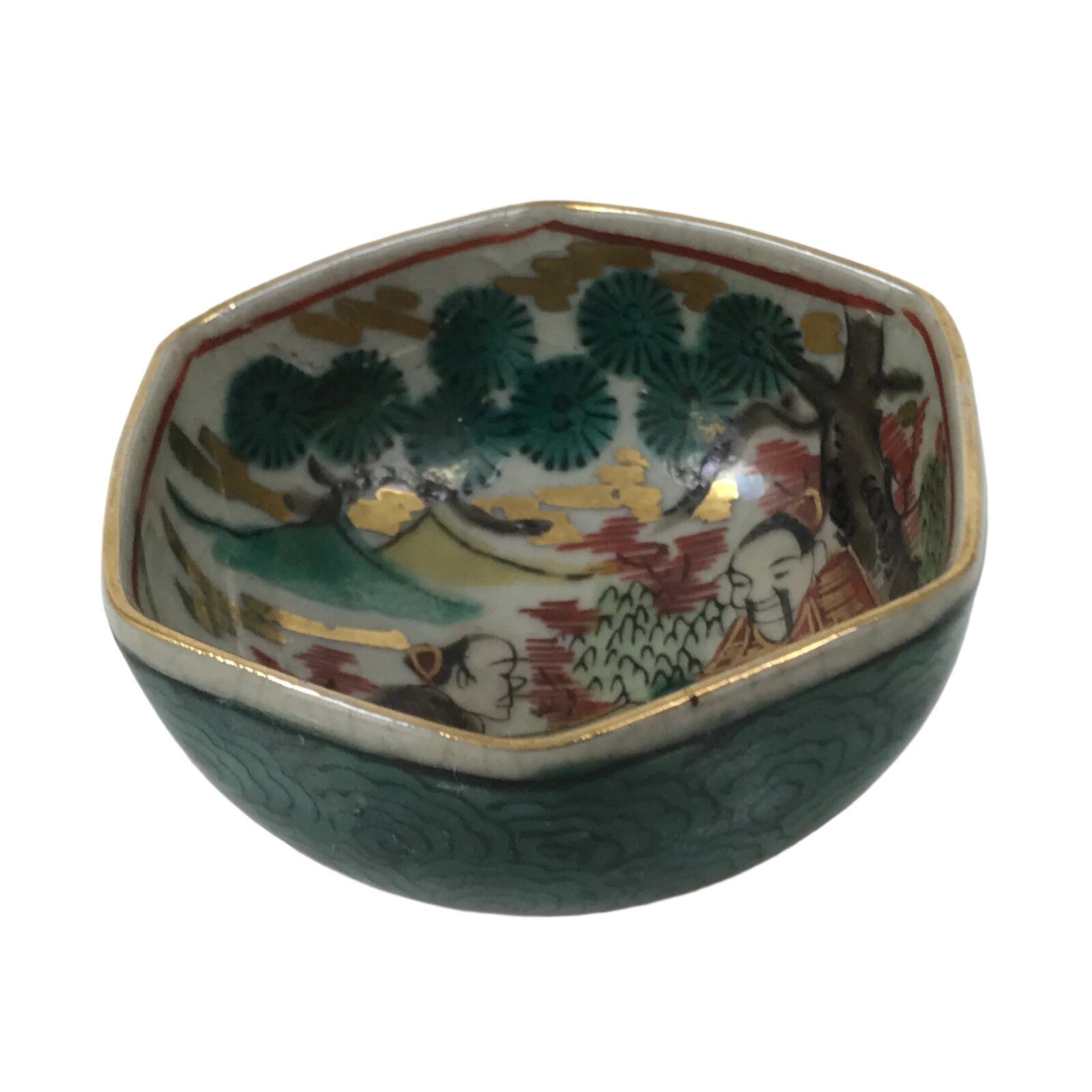 Japanese Kutani Ware Porcelain Sake Cup Vtg Ochoko Hexagon Gold Pine Tree G279