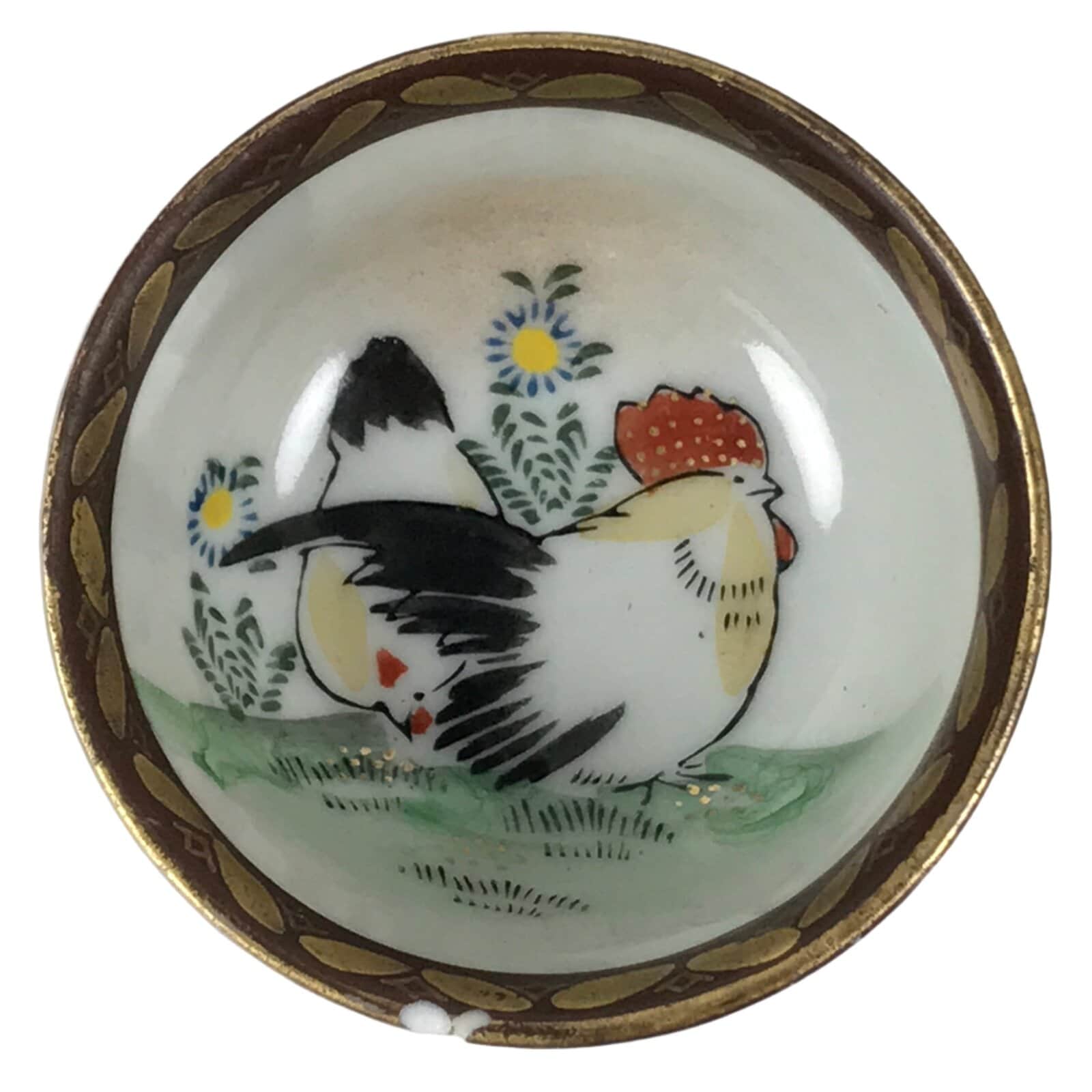 Japanese Kutani Ware Porcelain Sake Cup Vtg Tsubomi Ochoko Chicken Rooster G301