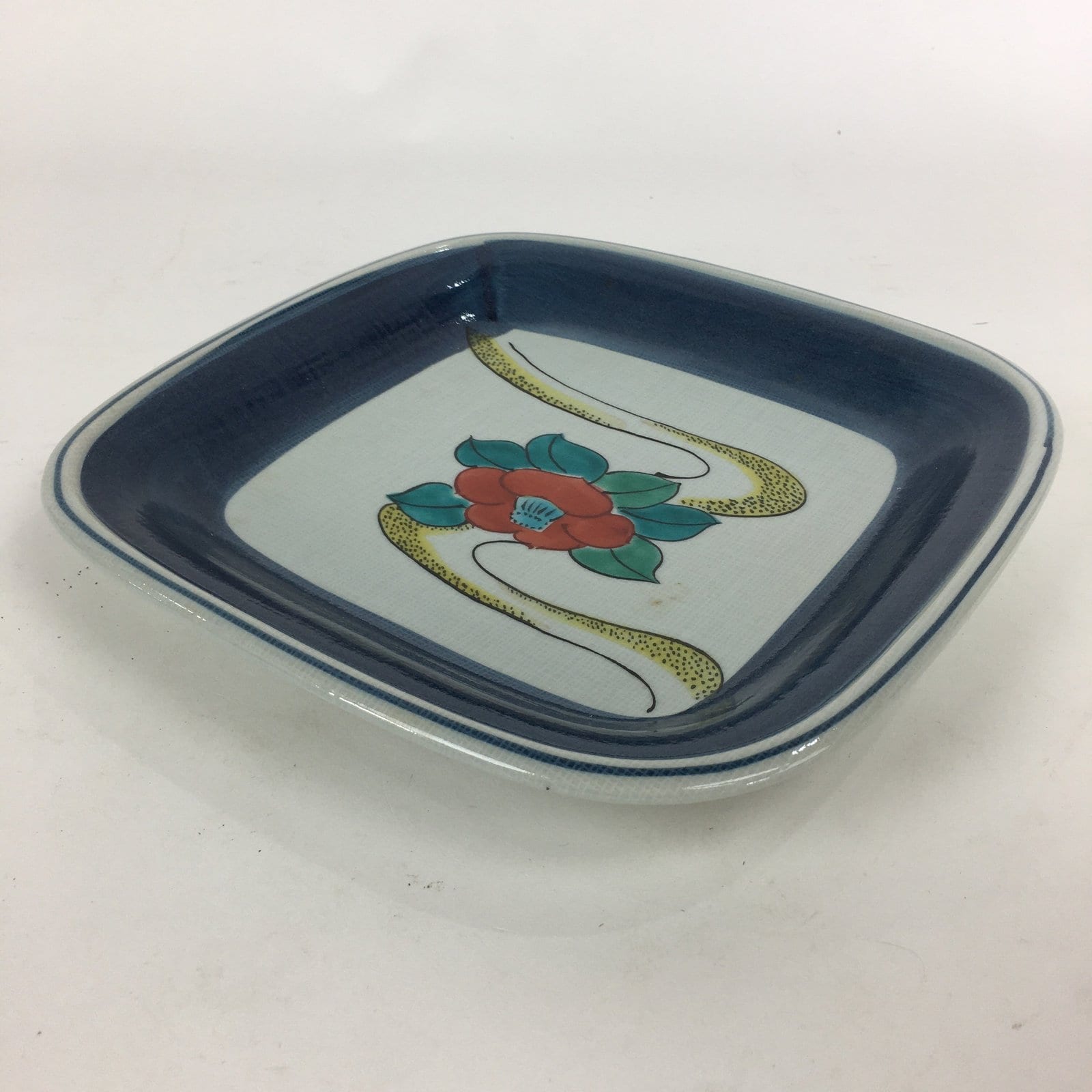 Japanese Kutrani ware Ceramic Plate Vtg Pottery White Square Camellia PX572