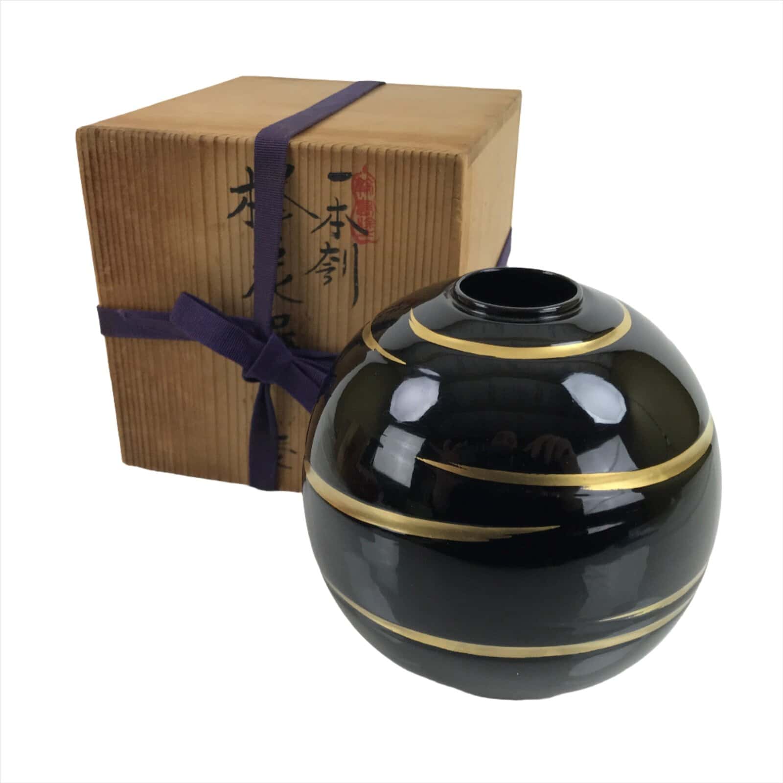 Japanese Lacquer Flower Vase Wajima Nuri Ikebana Kabin Black Gold W/Box PX730