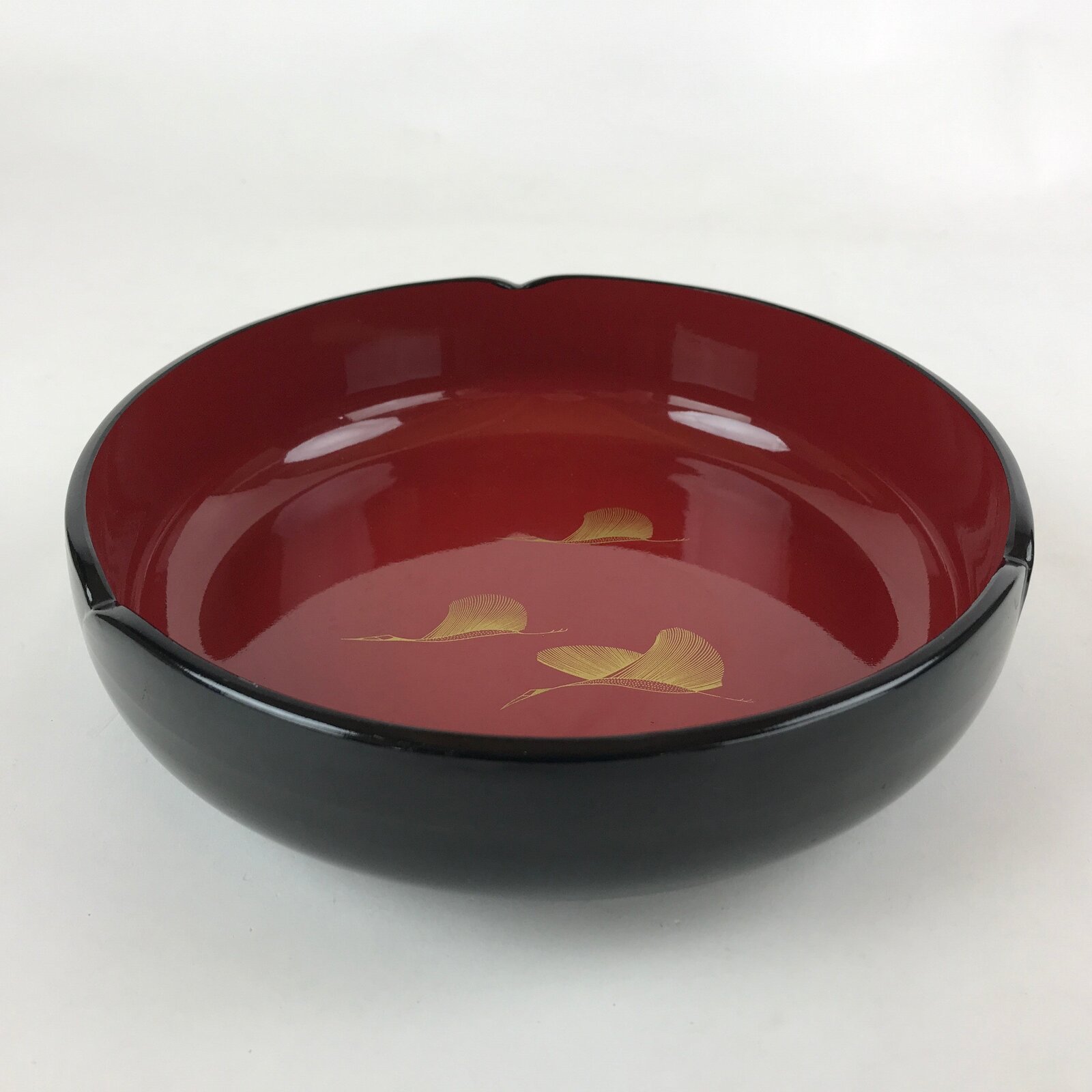 Japanese Lacquer Imitation Round Serving Plate Vtg Red Black Gold Cranes L32