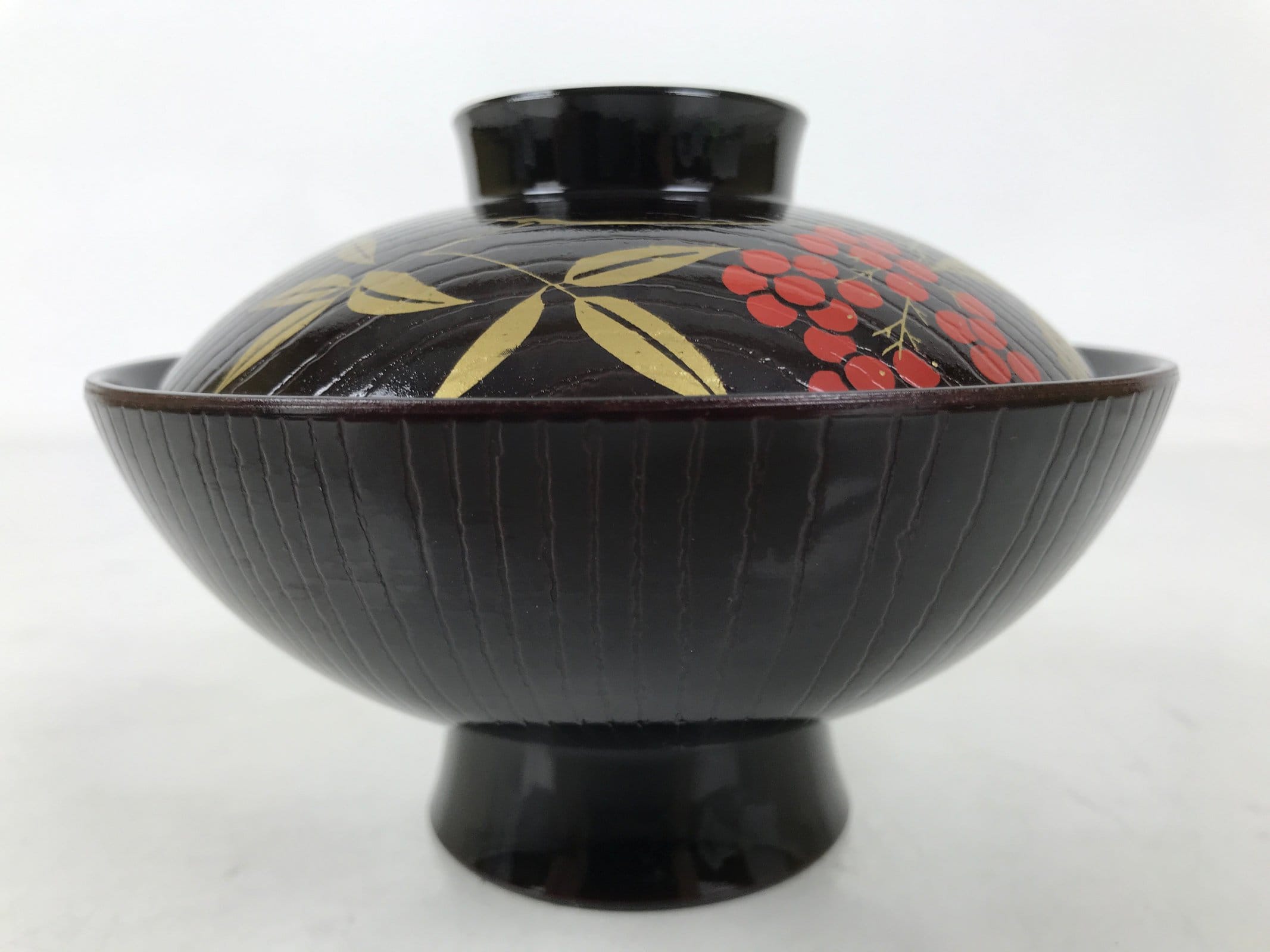 Japanese Lacquer Replica Resin Lidded Rice Bowl Owan Vtg Nanten Brown Gold LB164