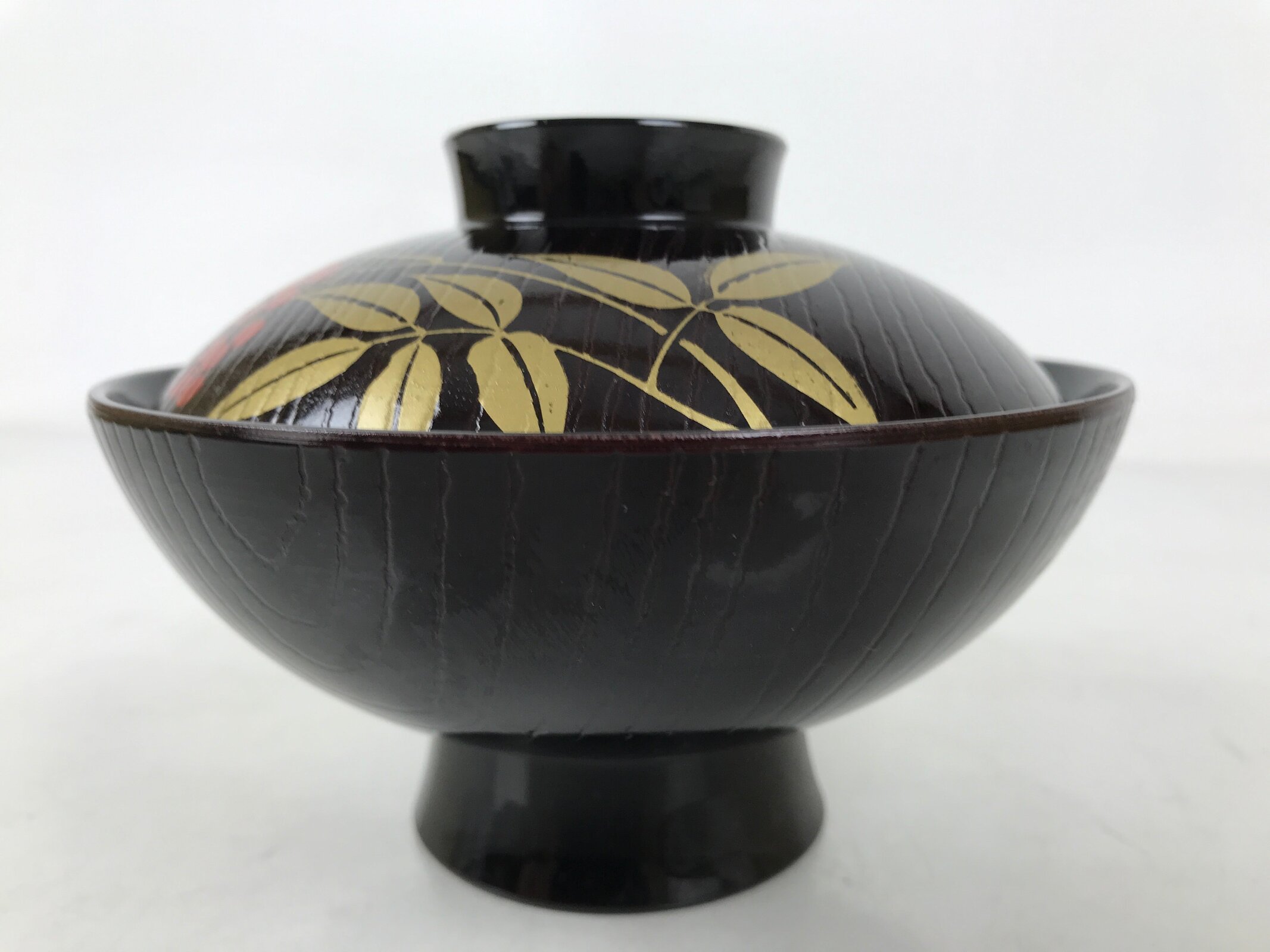 Japanese Lacquer Replica Resin Lidded Rice Bowl Owan Vtg Nanten Brown Gold LB164