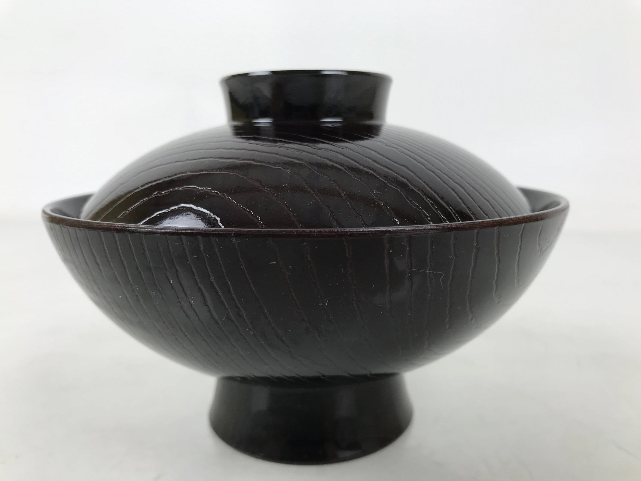 Japanese Lacquer Replica Resin Lidded Rice Bowl Owan Vtg Nanten Brown Gold LB164