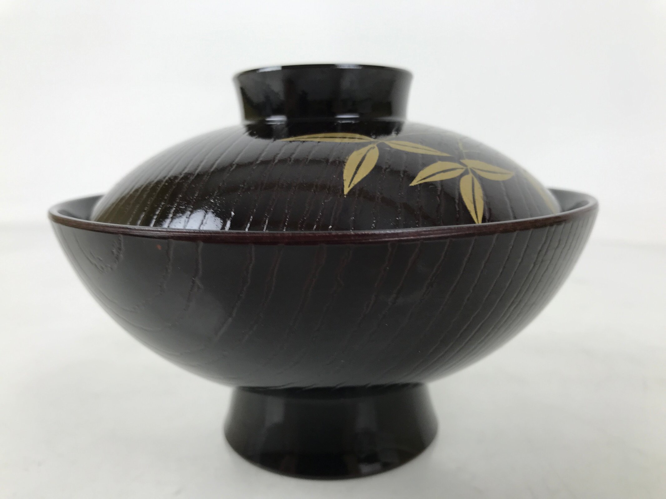 Japanese Lacquer Replica Resin Lidded Rice Bowl Owan Vtg Nanten Brown Gold LB164