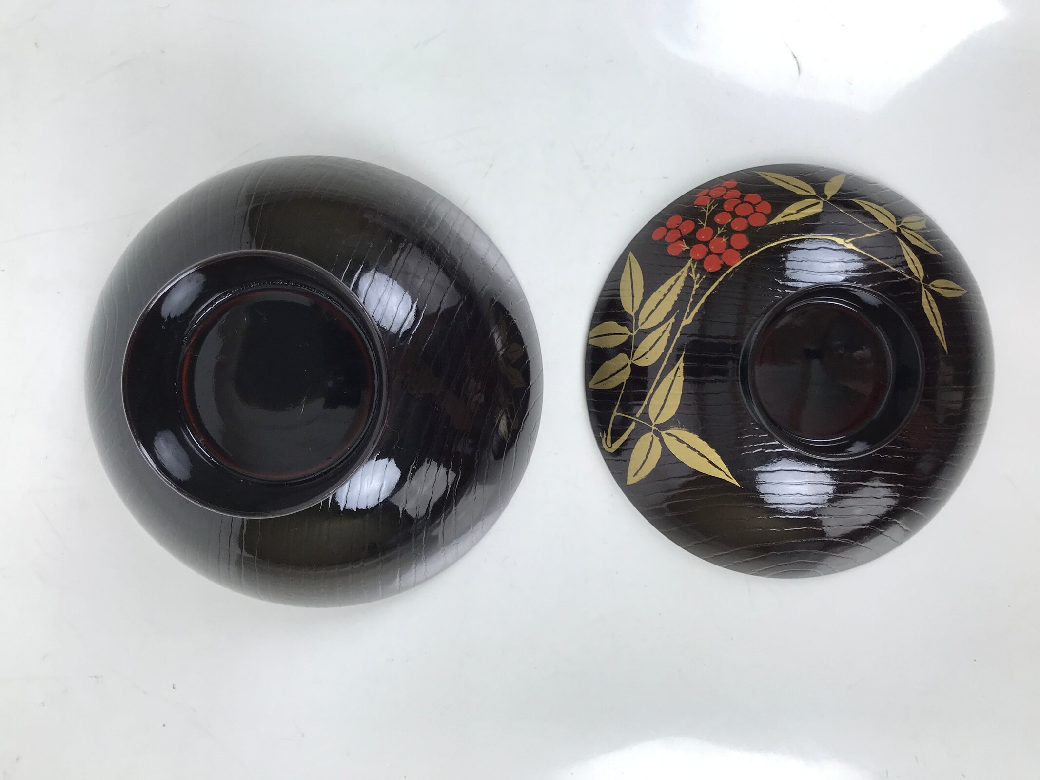 Japanese Lacquer Replica Resin Lidded Rice Bowl Owan Vtg Nanten Brown Gold LB164