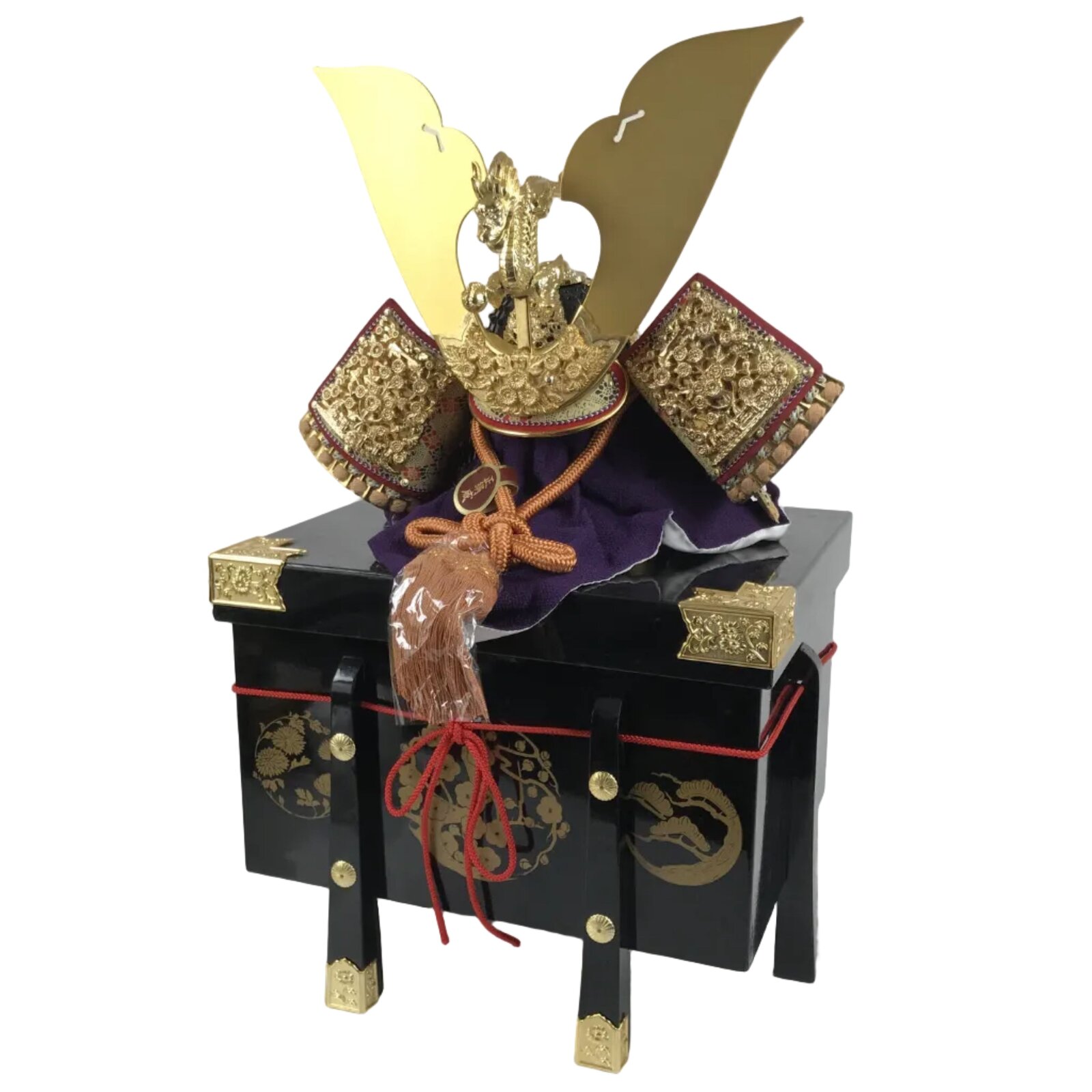 Japanese Lacquer Wood Boxed Kabuto Samurai Helmet Vtg Display Gold Dragon ID660
