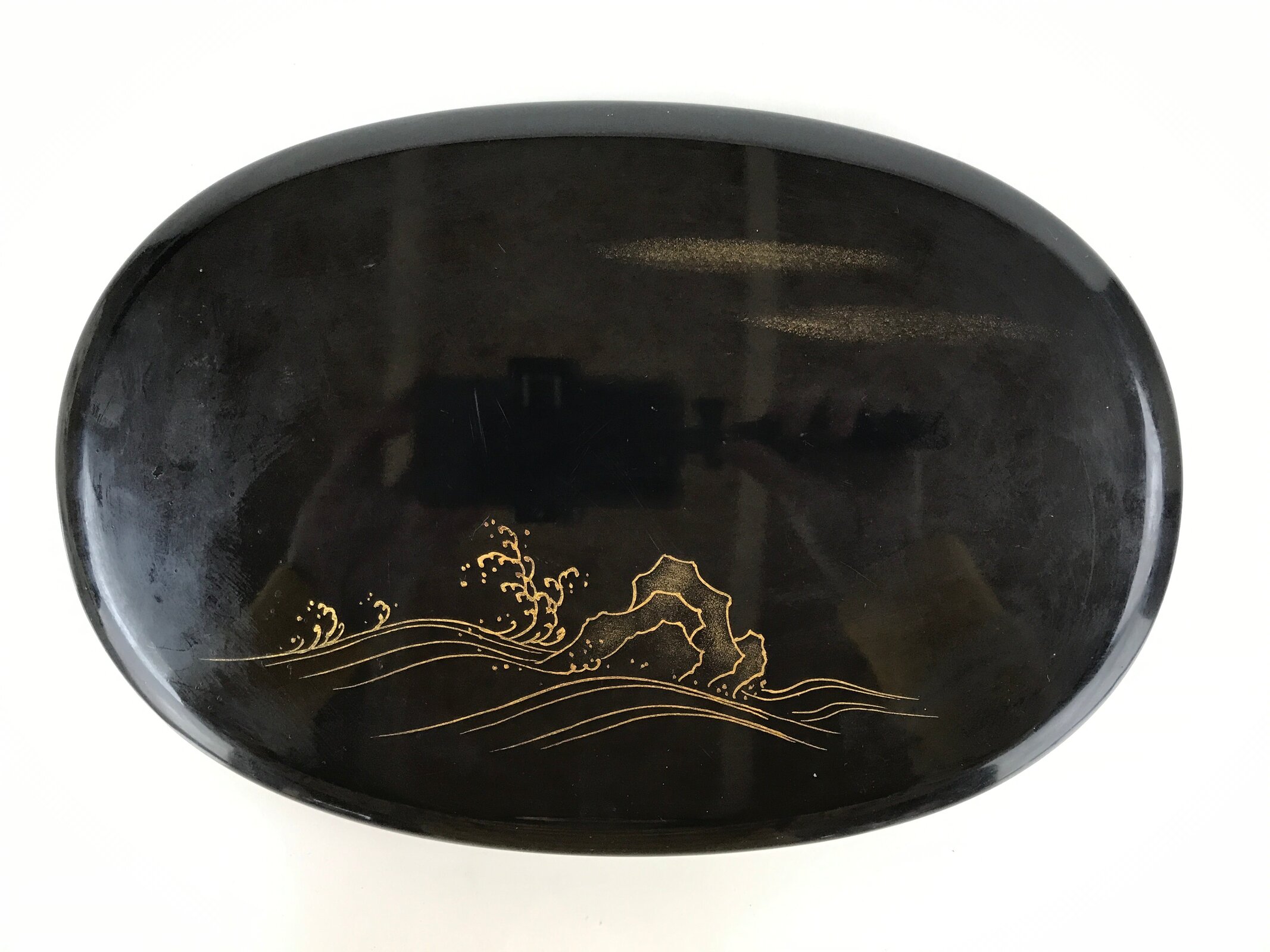 Japanese Lacquer Wood Flower Vase Stand Vtg Oval Makie Waves Kadai Ikebana WT516