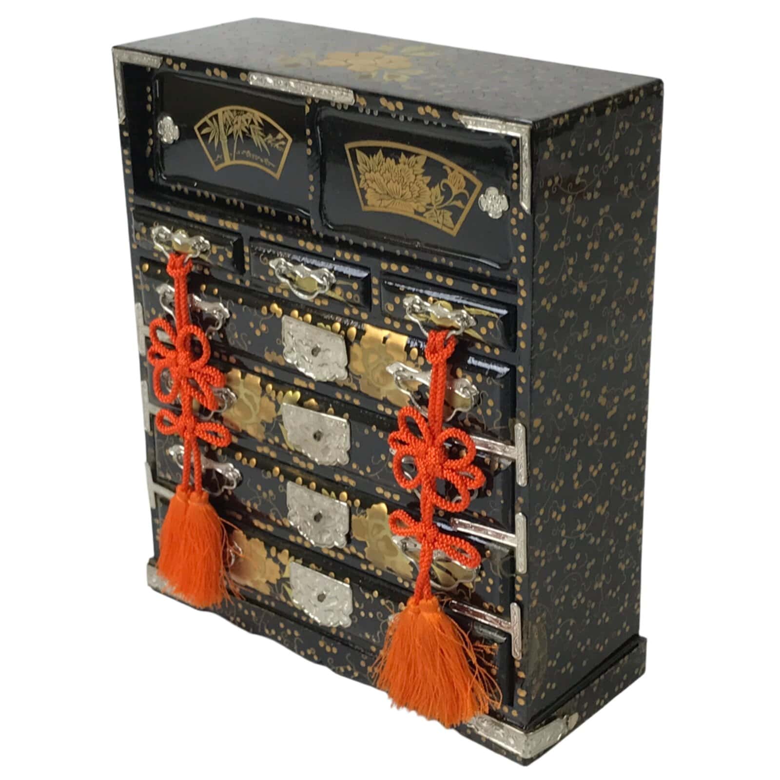 Japanese Lacquer Wood Hina Doll Chest Tansu Vtg Girls Day Makie Black Gold ID616
