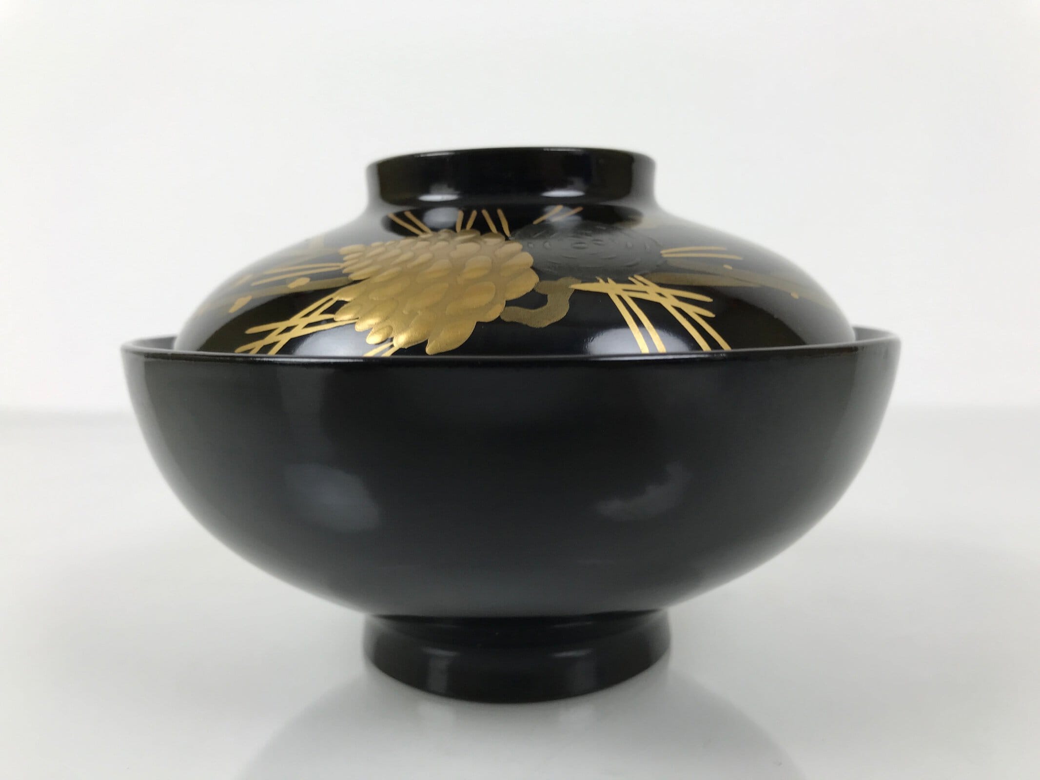 Japanese Lacquer Wood Lidded Bowl Owan Vtg Makie Black Gold Pinecone Needle LB17
