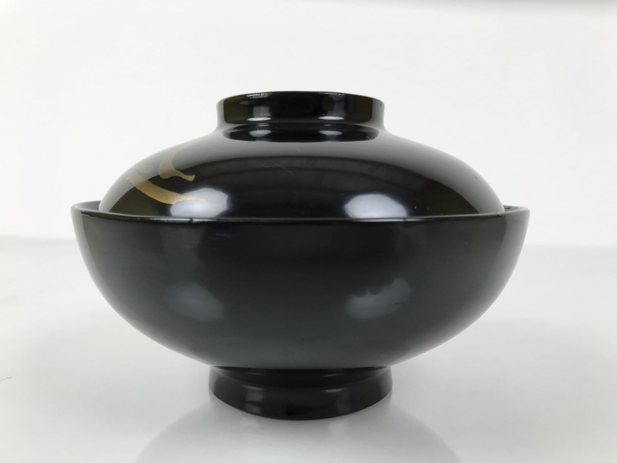 Japanese Lacquer Wood Lidded Bowl Owan Vtg Makie Black Gold Pinecone Needle LB17