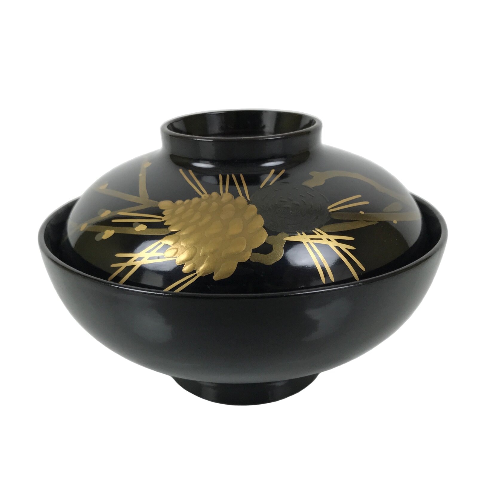 Japanese Lacquer Wood Lidded Bowl Owan Vtg Makie Black Gold Pinecone Needle LB17