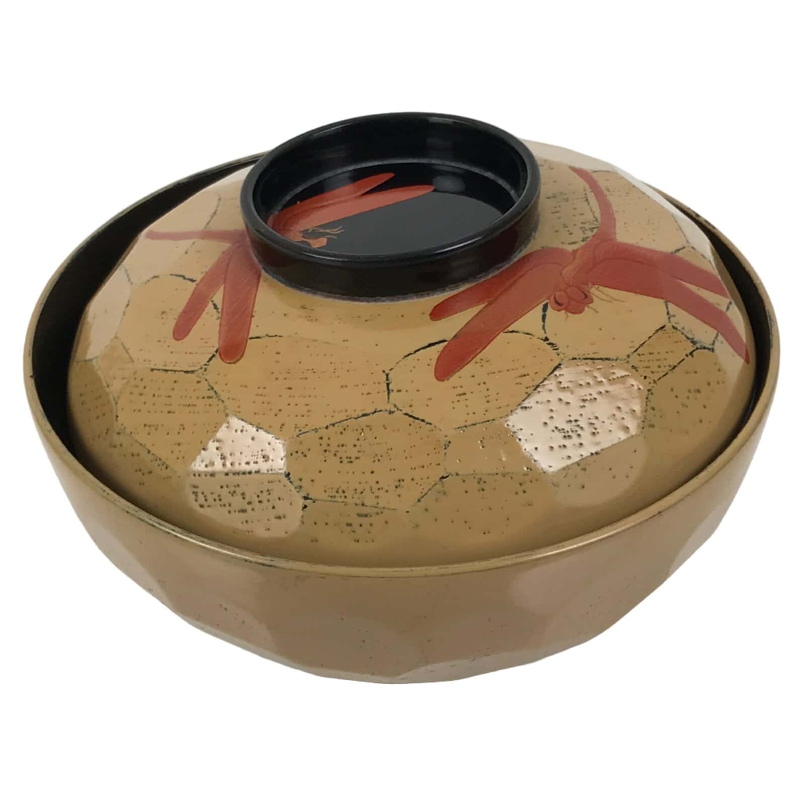 Japanese Lacquer Wood Lidded Bowl Owan Vtg Makie Dragonfly Black Brown Red LB166