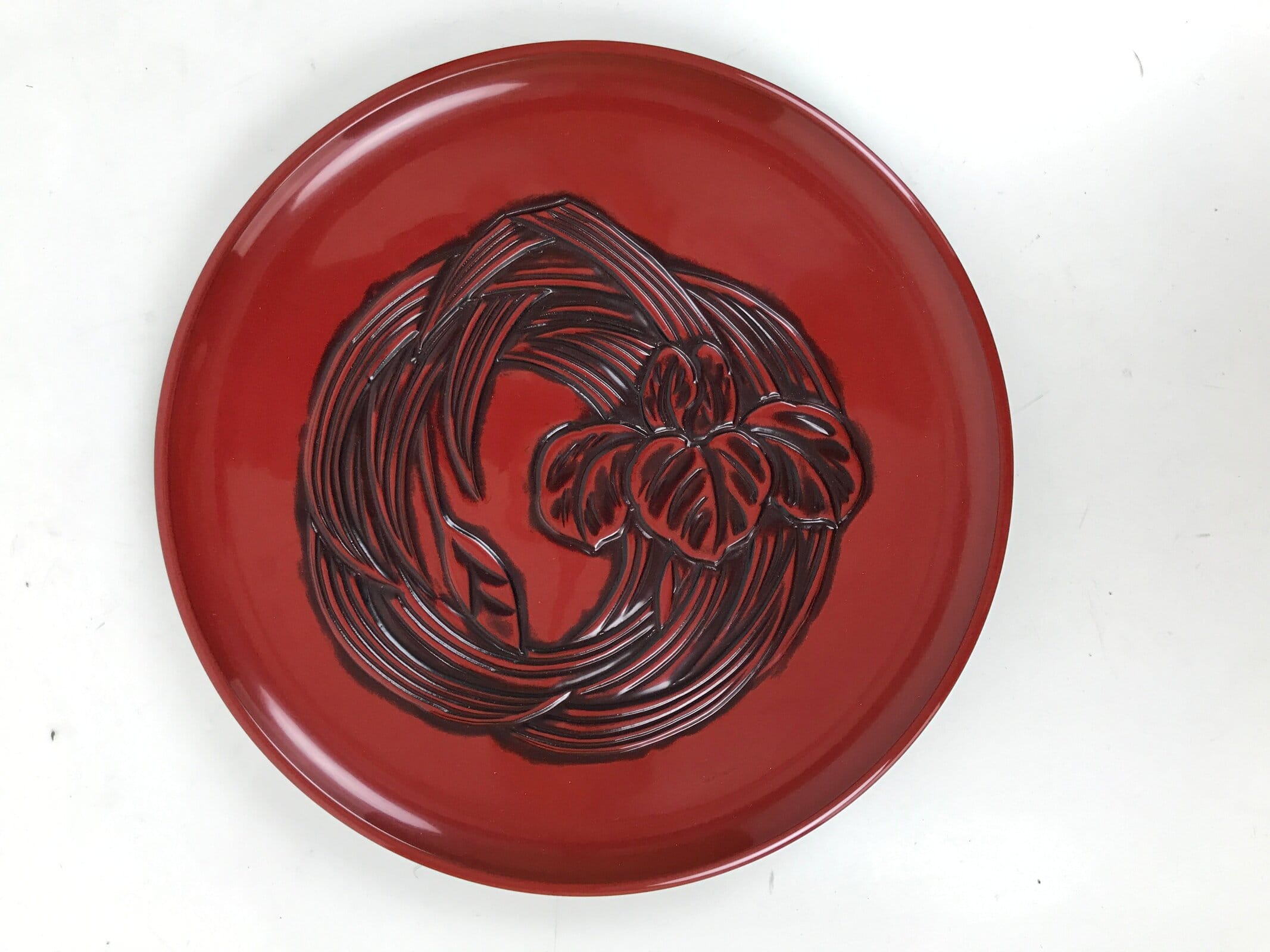 Japanese Lacquer Wood Serving Tray Vtg Kamakurabori Carved Iris Wreath LWB173