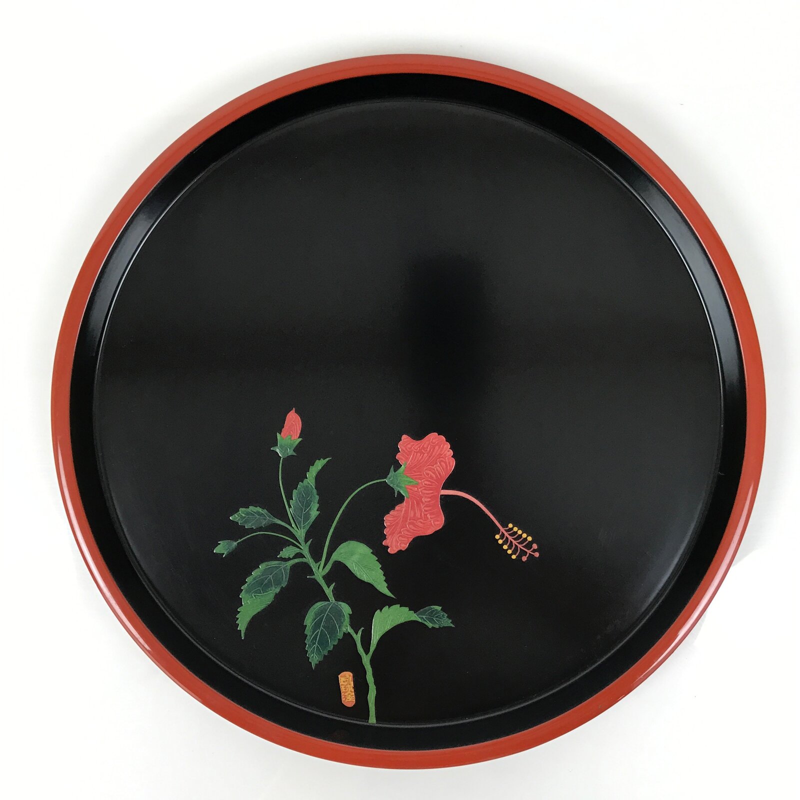 Japanese Lacquer Wood Serving Tray Vtg Ryukyu Shikki Hibiscus Round Black L548