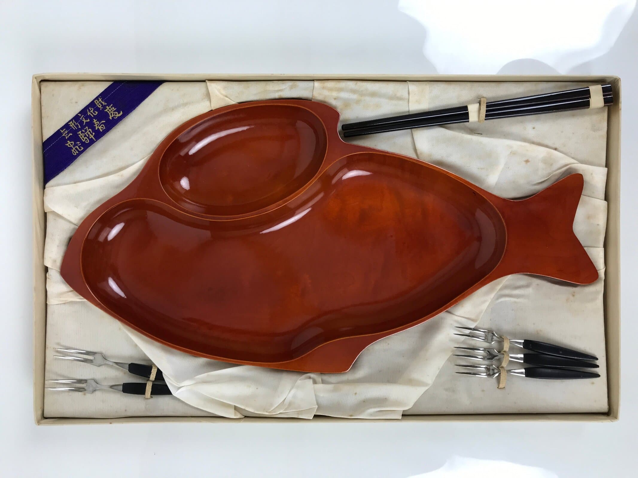 Japanese Lacquer Wood Shunkei Serving Plate Set Vtg Fish-Shape Tray Forks LWB179