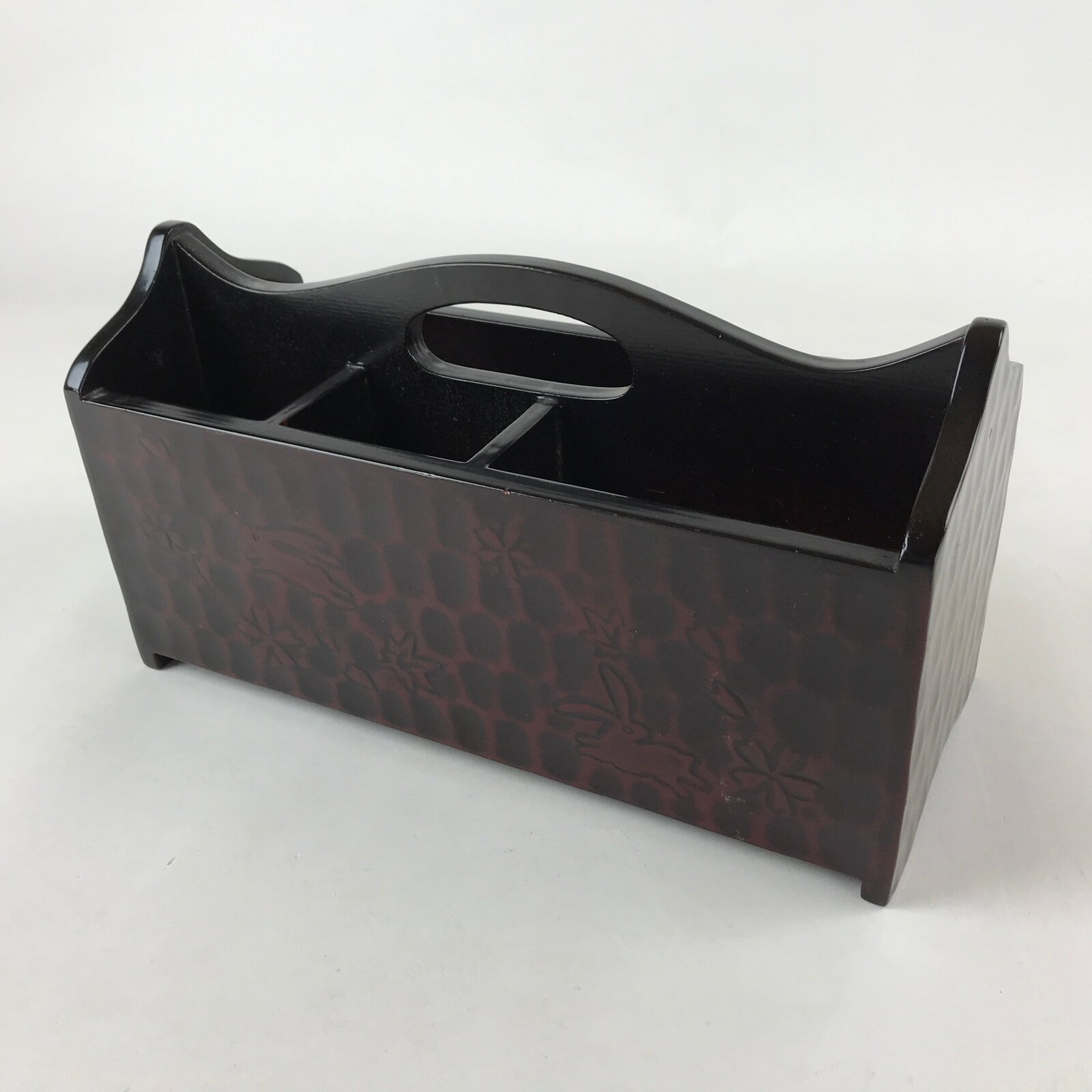 Japanese Lacquer Wood Table Organizer Box Vtg Handle Kamakurabori Rabbit JK625