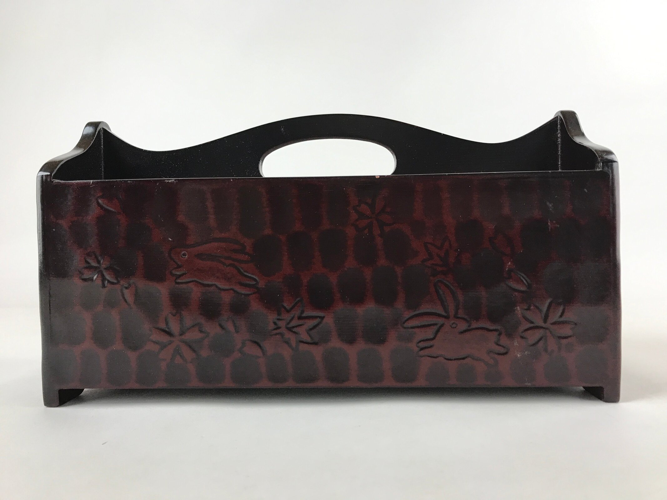 Japanese Lacquer Wood Table Organizer Box Vtg Handle Kamakurabori Rabbit JK625