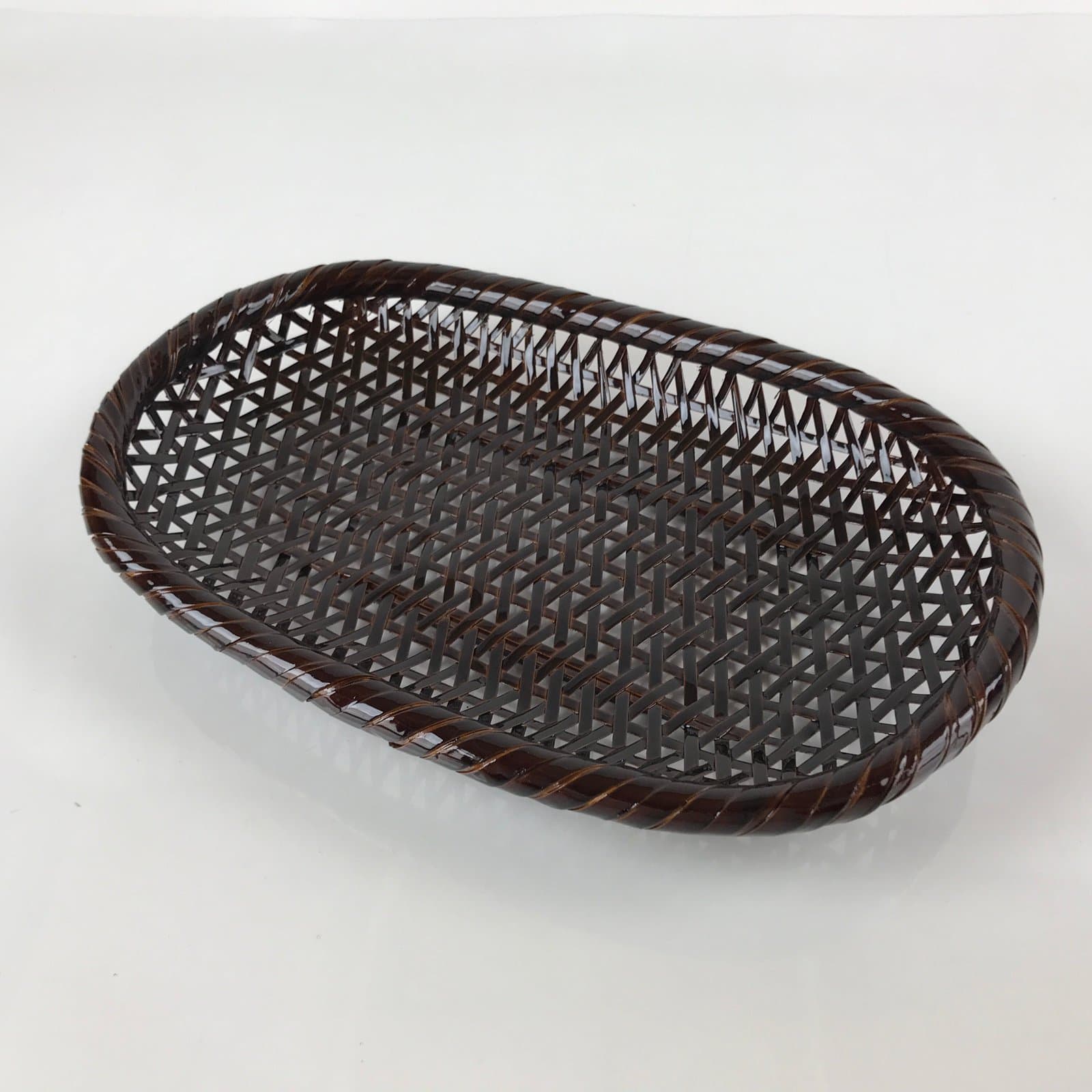 Japanese Lacquered Bamboo Basket Morikago Vtg Handwoven Oval Dark Brown L125