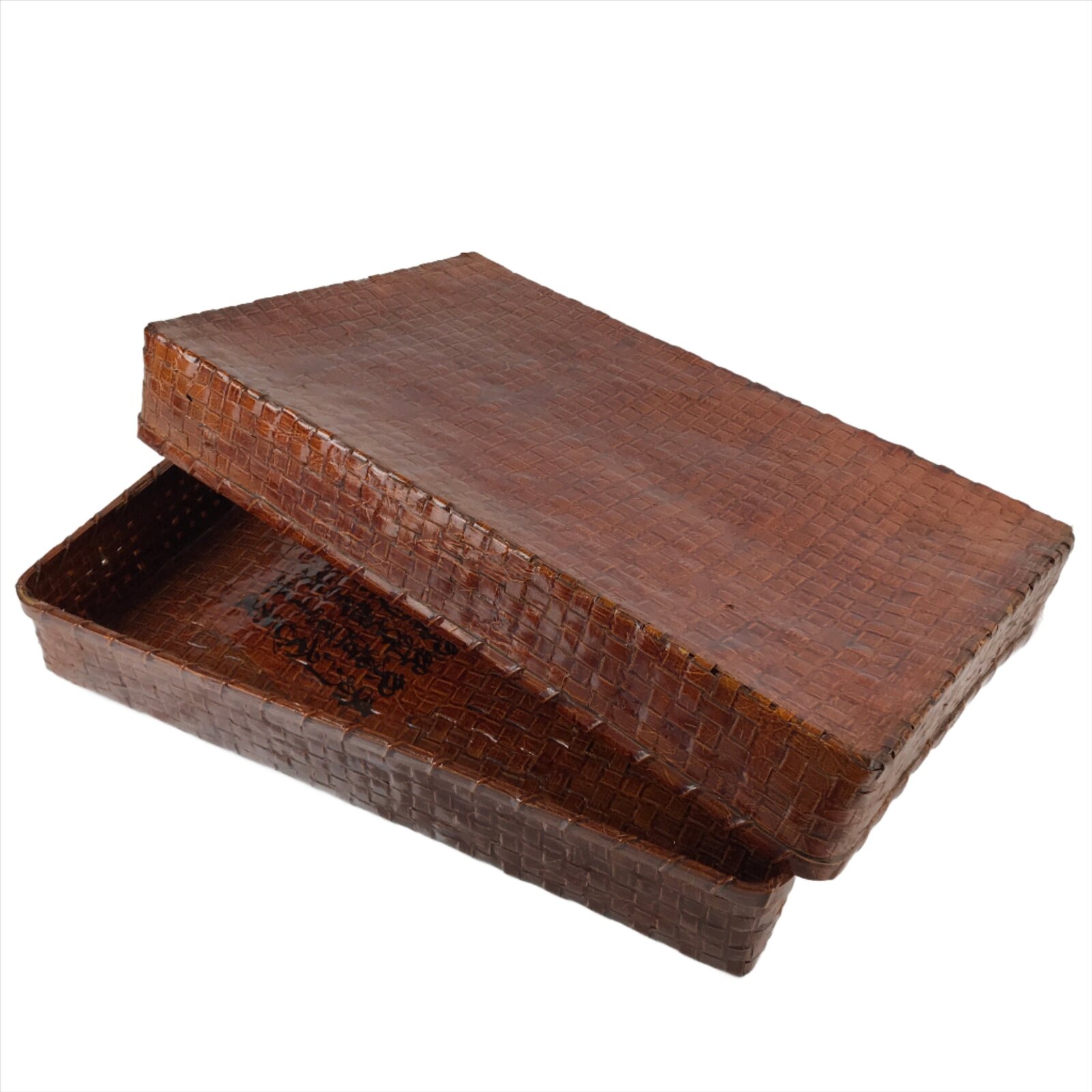 Japanese Lacquered Bamboo Kimono Storage Basket Vtg Kago Hida Shunkei Kanji L133