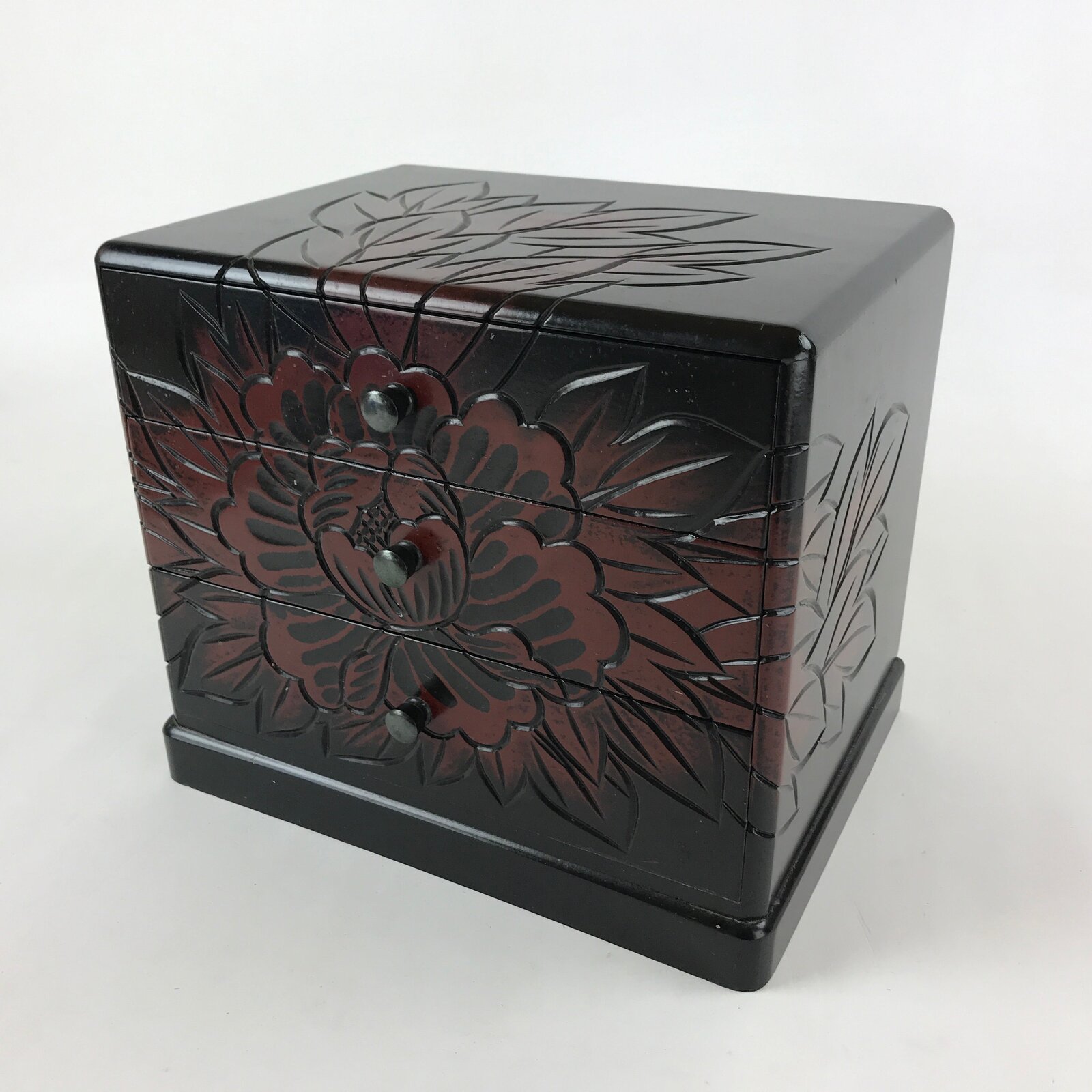 Japanese Lacquered Kamakurabori Wooden Sewing Box Vtg Haribako Tansu T353