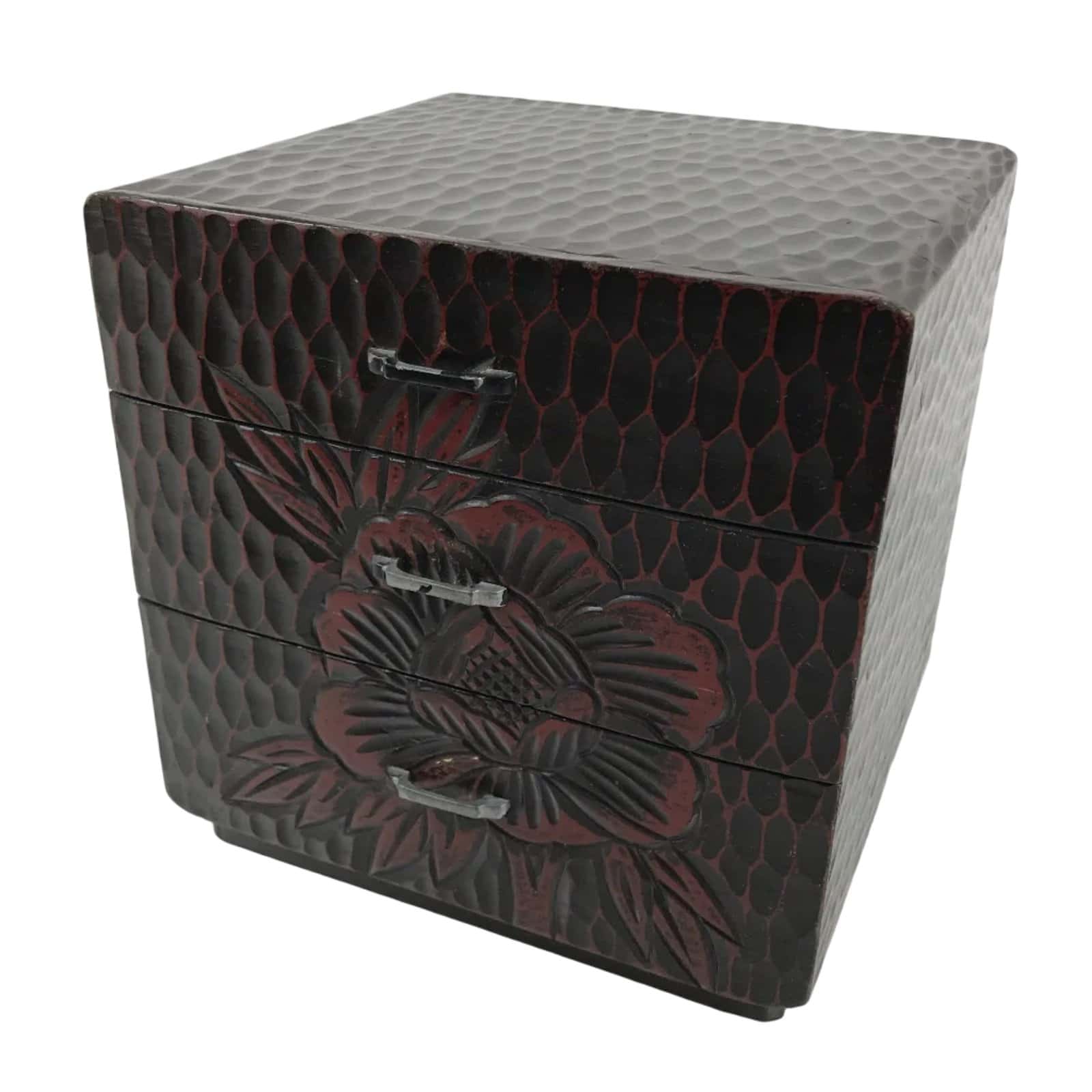 Japanese Lacquered Kamakurabori Wooden Tansu Chest Vtg Haribako Red Black T419