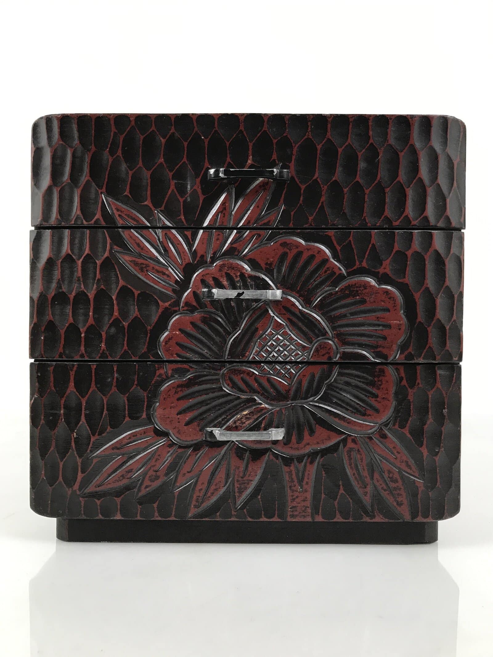 Japanese Lacquered Kamakurabori Wooden Tansu Chest Vtg Haribako Red Black T419