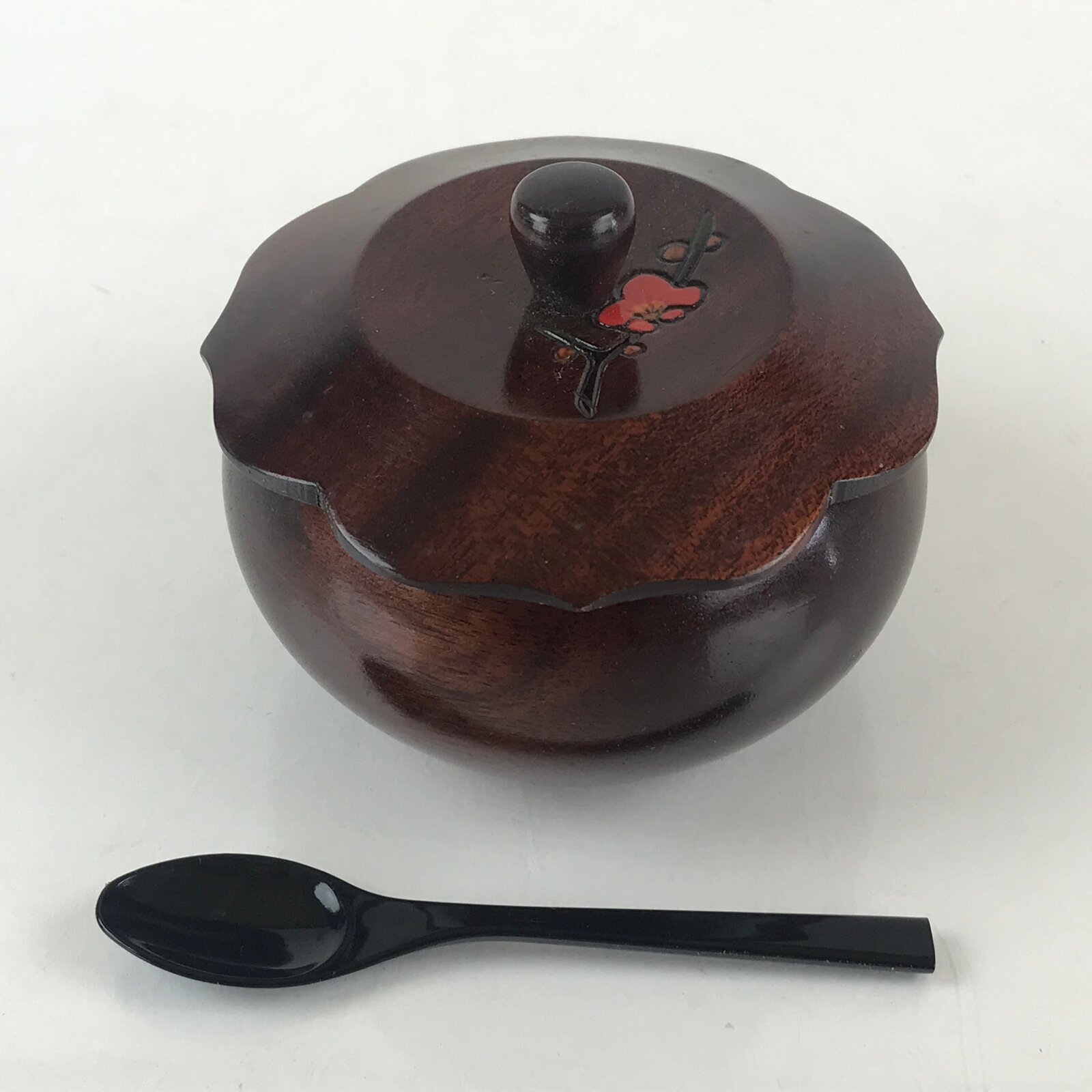 Japanese Lacquered Lidded Sugar Bowl Condiment Bowl Spoon Vtg Urushi Brown UR854
