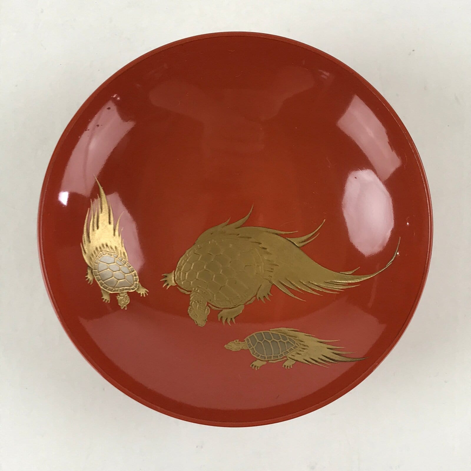 Japanese Lacquered Sake Cup Sakazuki Red Vtg 3 Gold Turtles Guinomi Ochoko G84