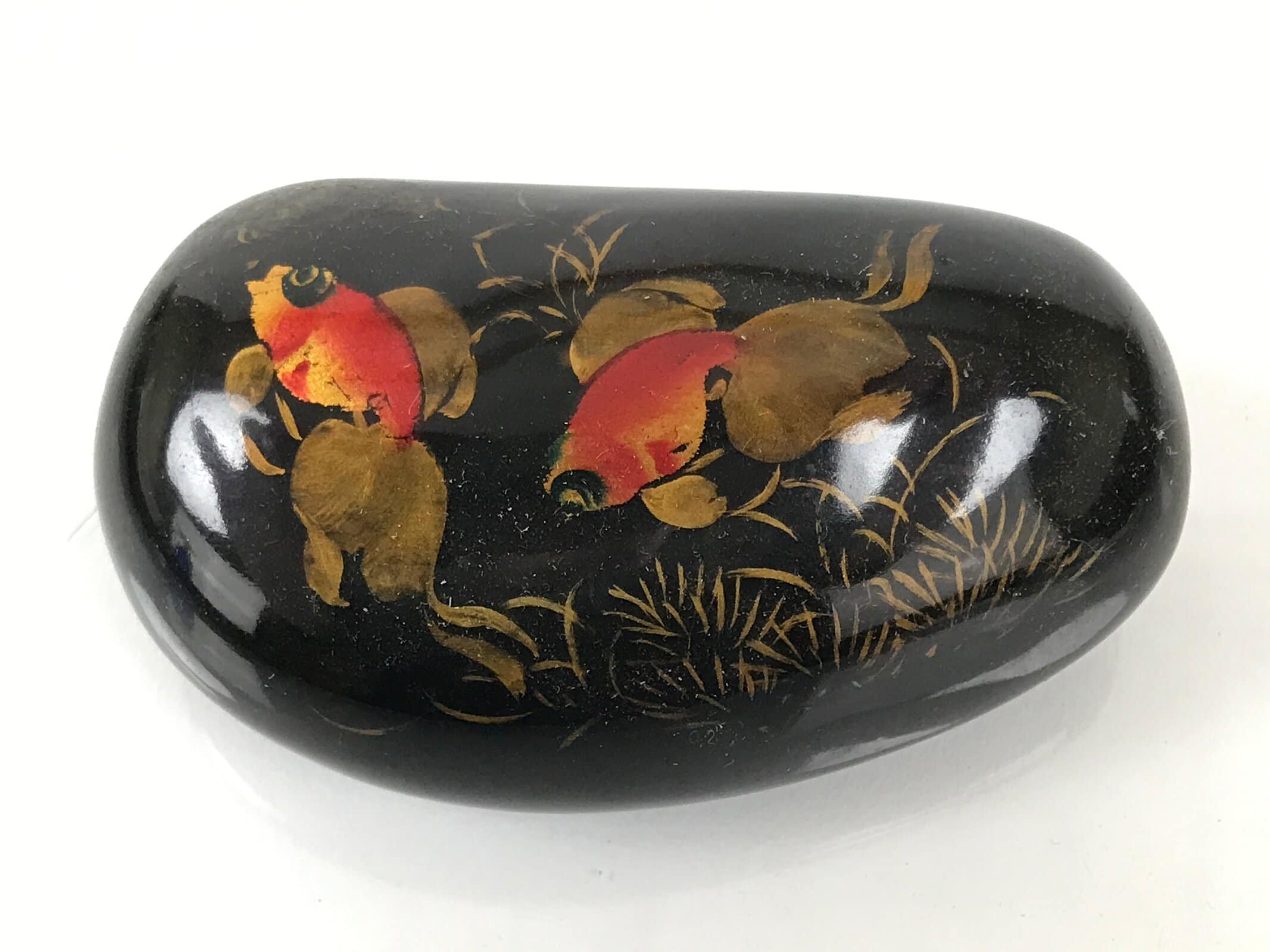 Japanese Lacquered Stone Paperweight Vtg Okimono Decor Goldfish Kingyo JK904