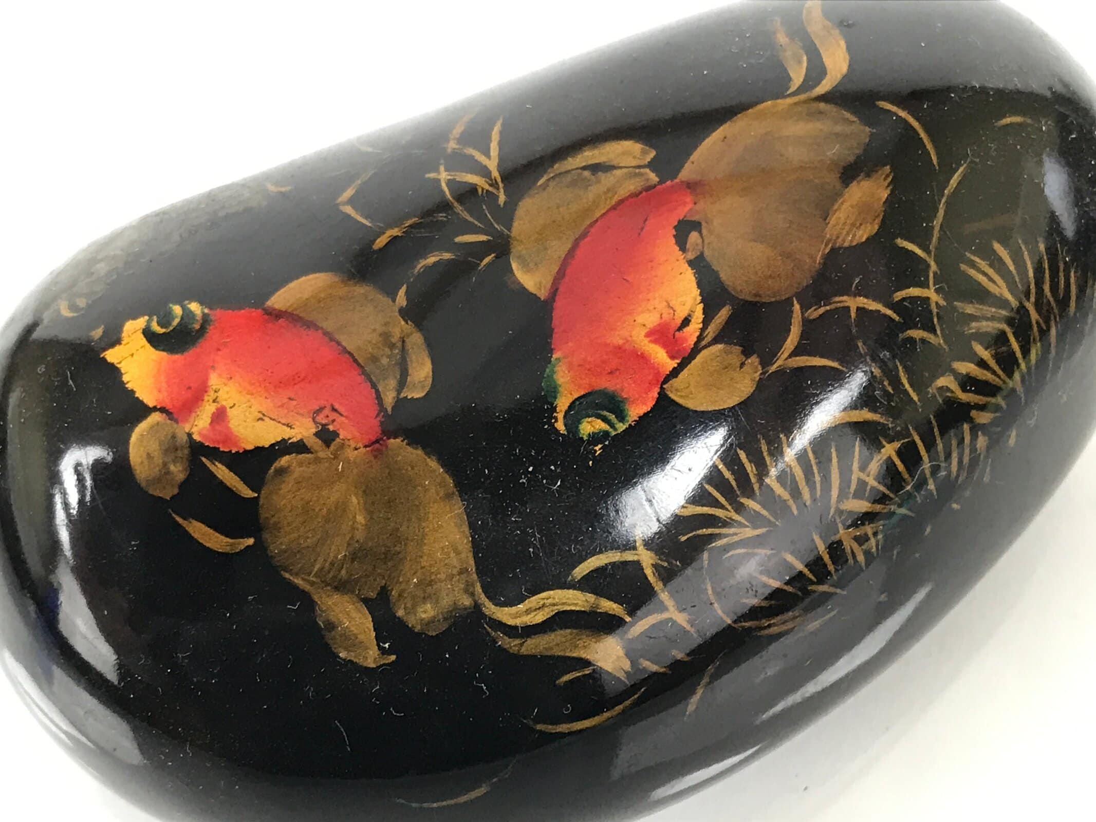 Japanese Lacquered Stone Paperweight Vtg Okimono Decor Goldfish Kingyo JK904