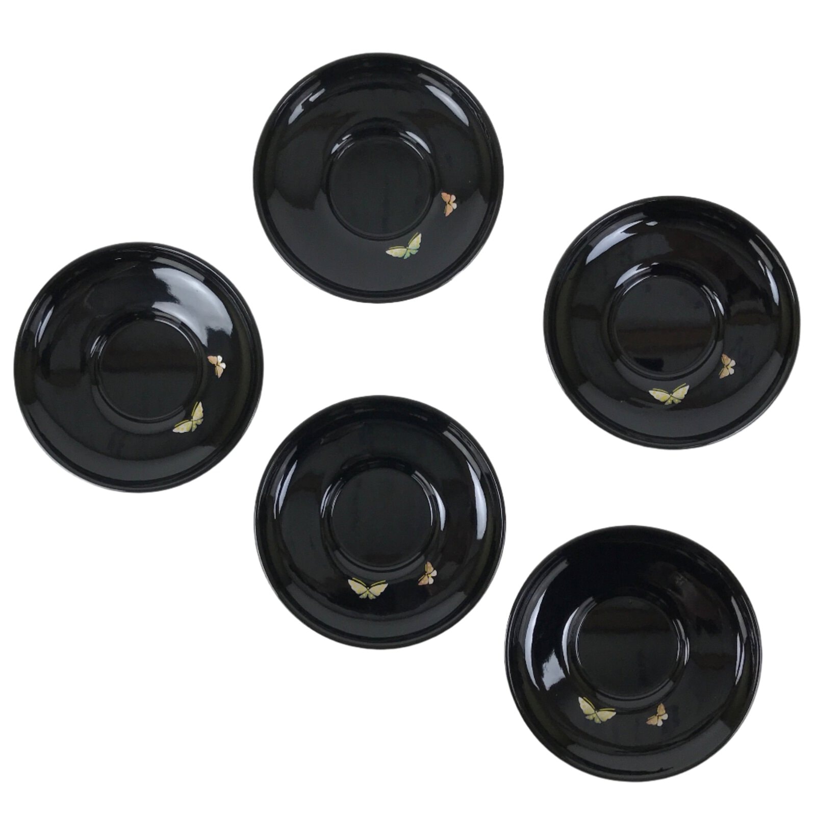 Japanese Lacquered Wood Drink Saucer Chataku Coaster 5pc Black Butterfly L536