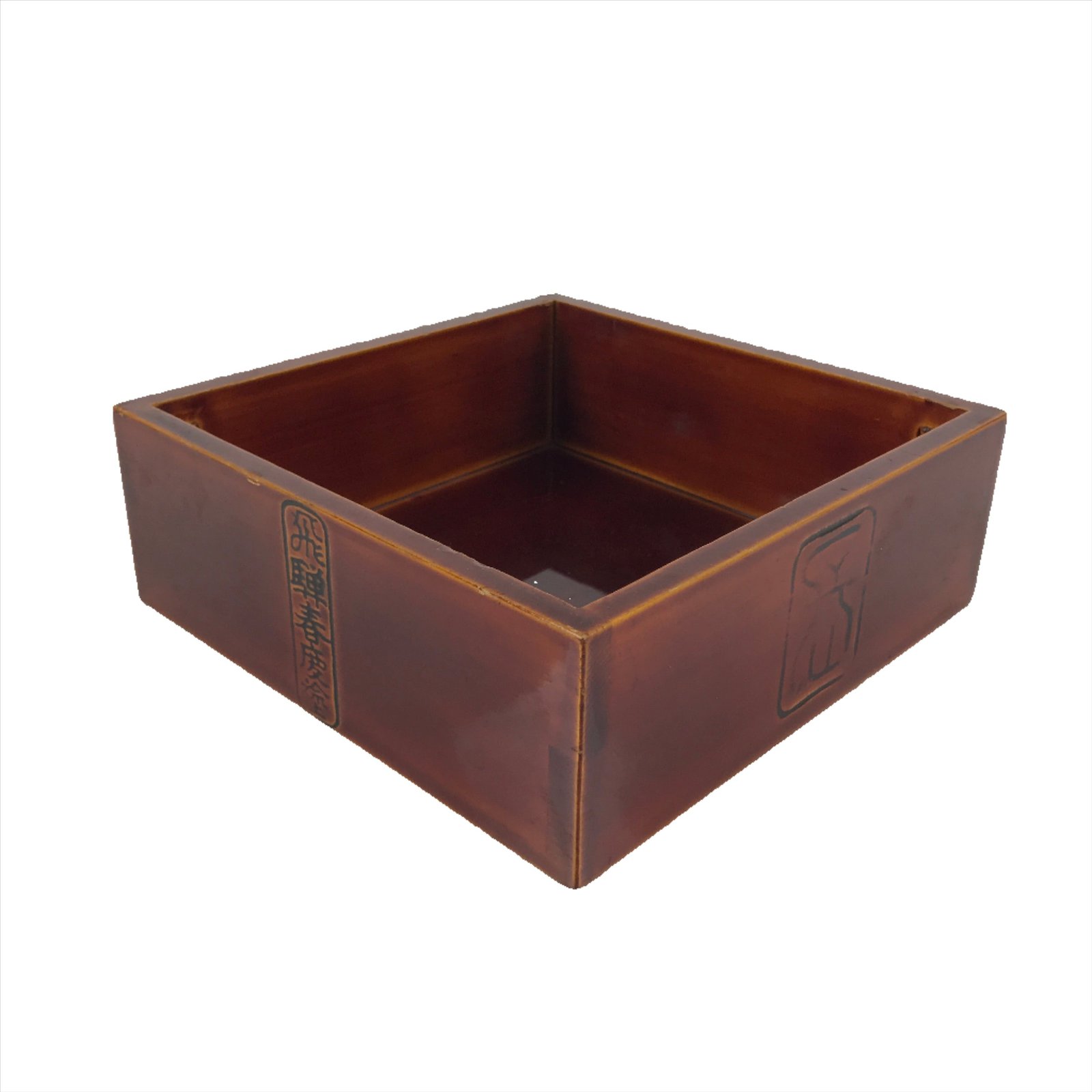 Japanese Lacquered Wooden Box Vtg Shunkei Nuri Square Black Kanji Brown L135