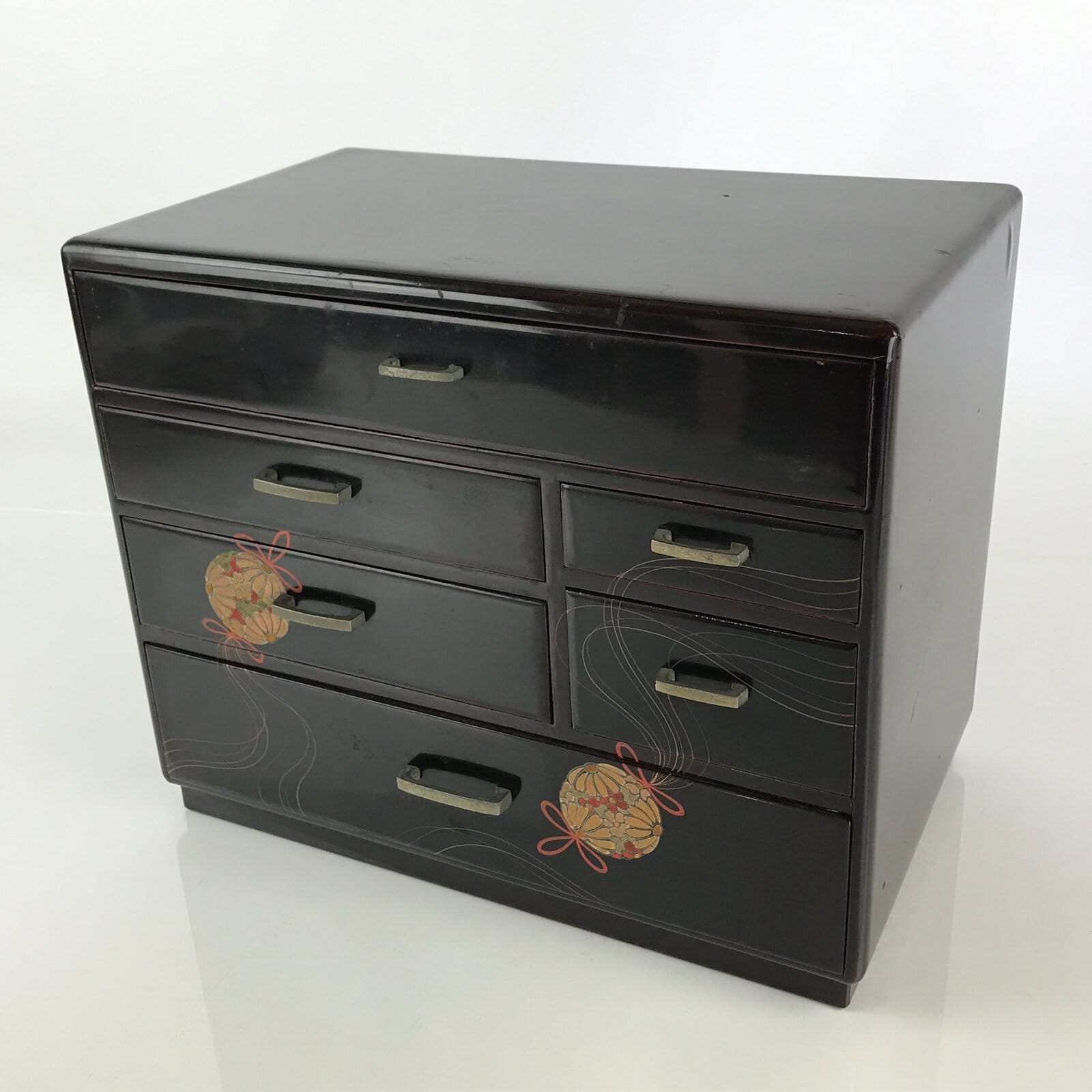 Japanese Lacquered Wooden Haribako Chest Sewing Box Vtg Makie Tansu T323