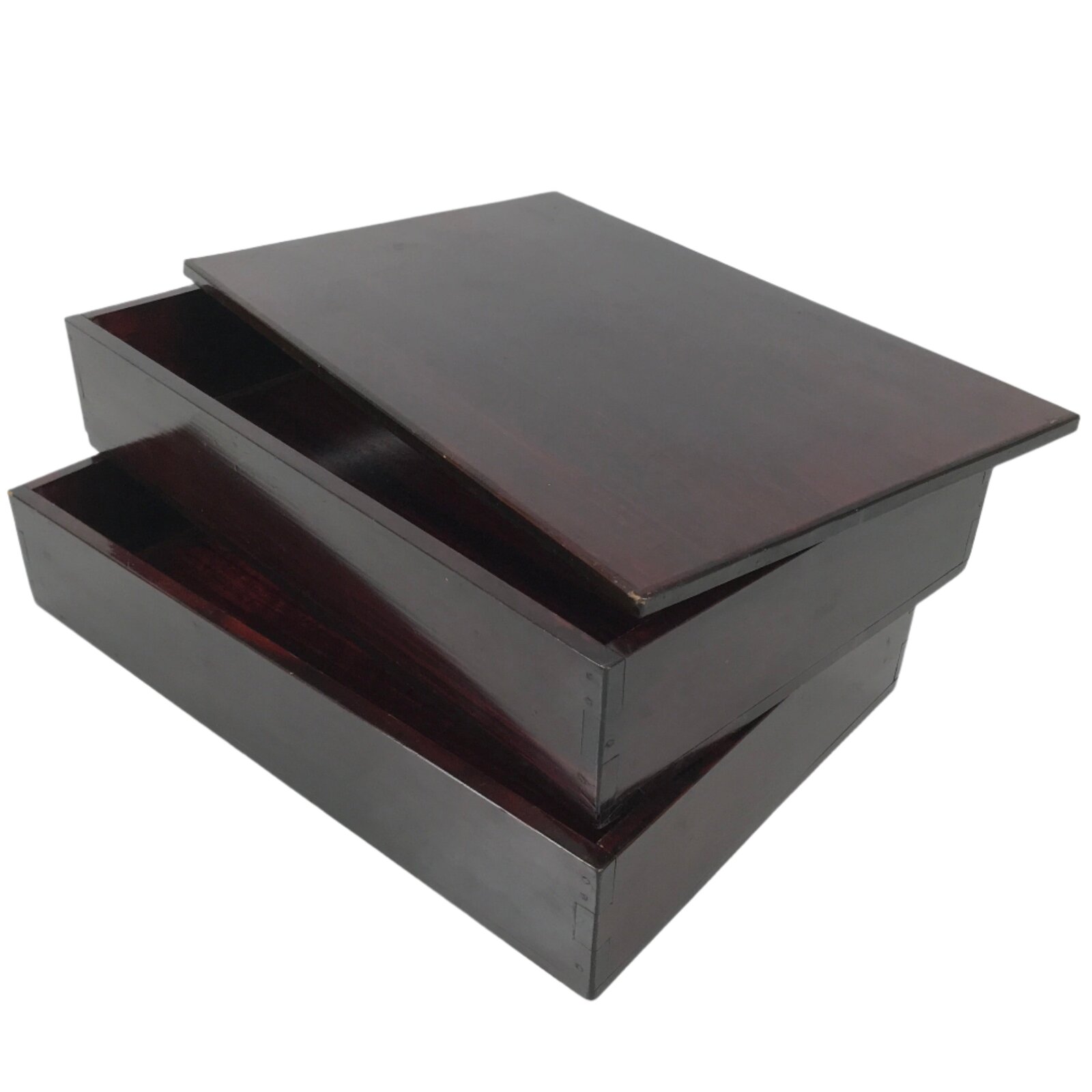 Japanese Lacquered Wooden Jubako Storage Box Vtg Lid Two Tier Bento Brown FB90