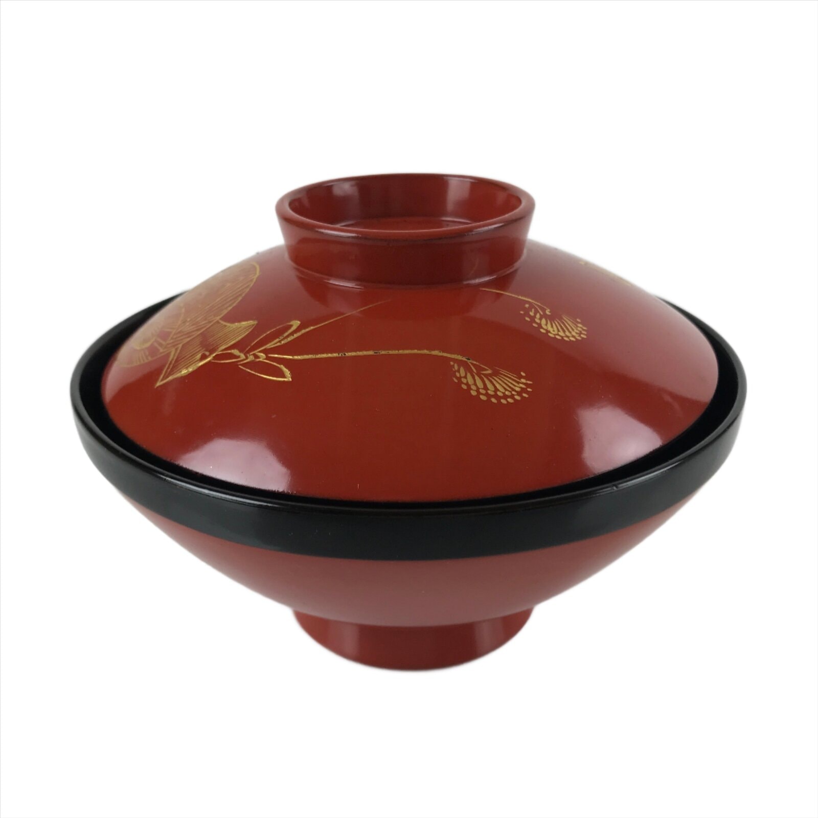 Japanese Lacquered Wooden Lidded Bowl Nimonowan Vtg Makie Red Black LB106