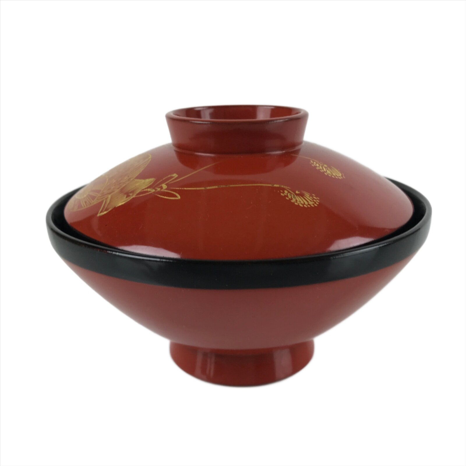 Japanese Lacquered Wooden Lidded Bowl Nimonowan Vtg Makie Red Black LB110