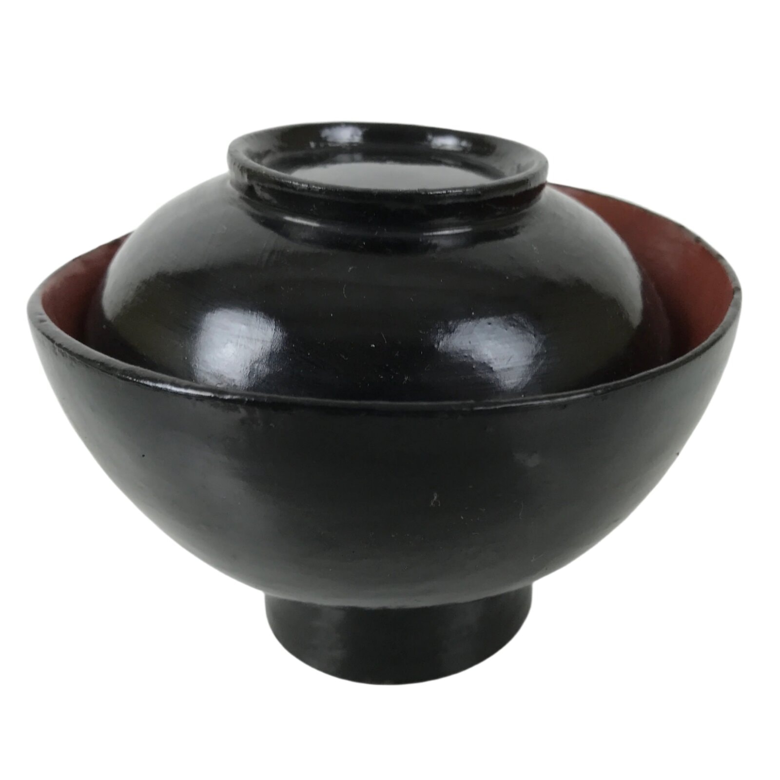 Japanese Lacquered Wooden Lidded Bowl Owan Vtg Rice Soup Dish Black Red LB129