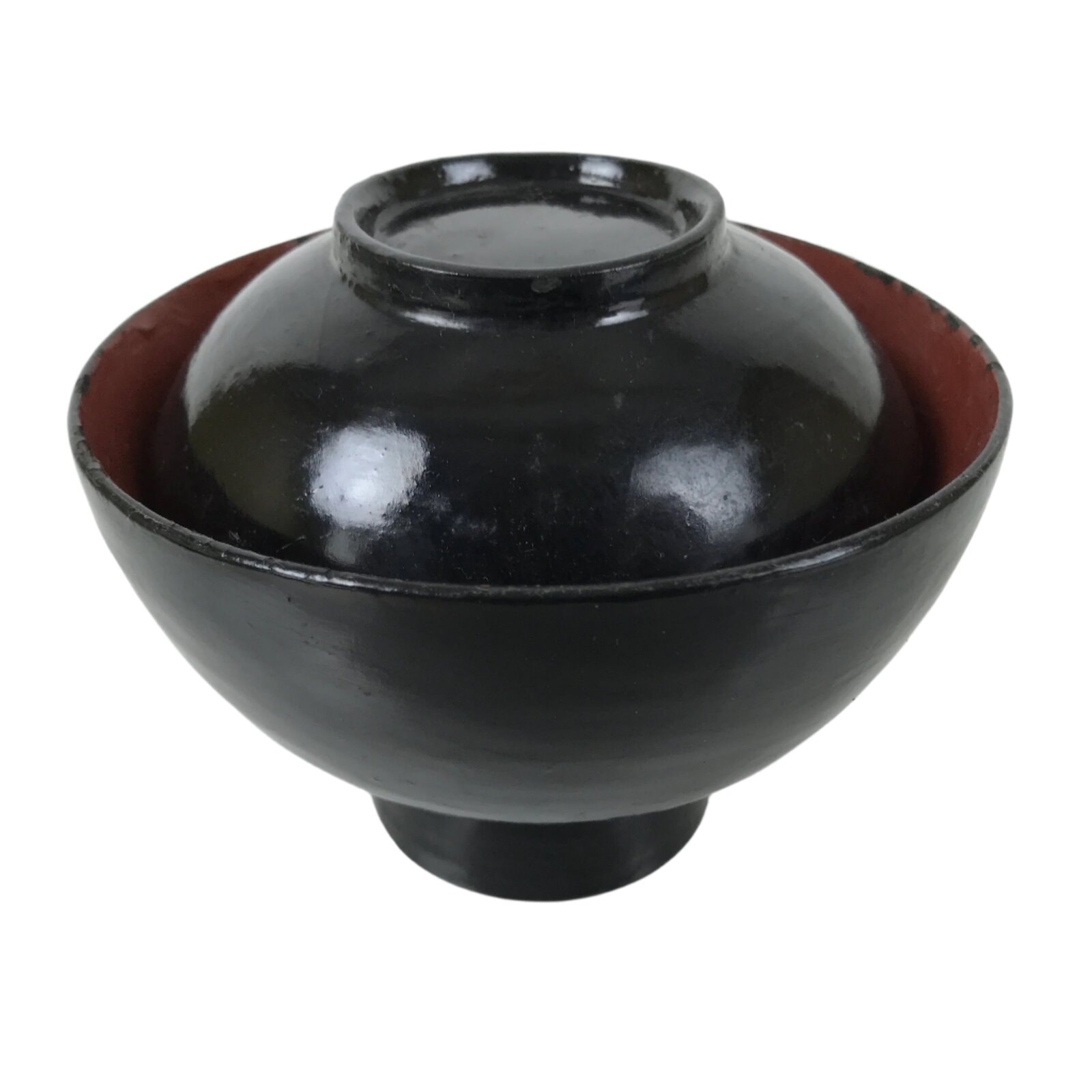 Japanese Lacquered Wooden Lidded Bowl Owan Vtg Rice Soup Dish Black Red LB130